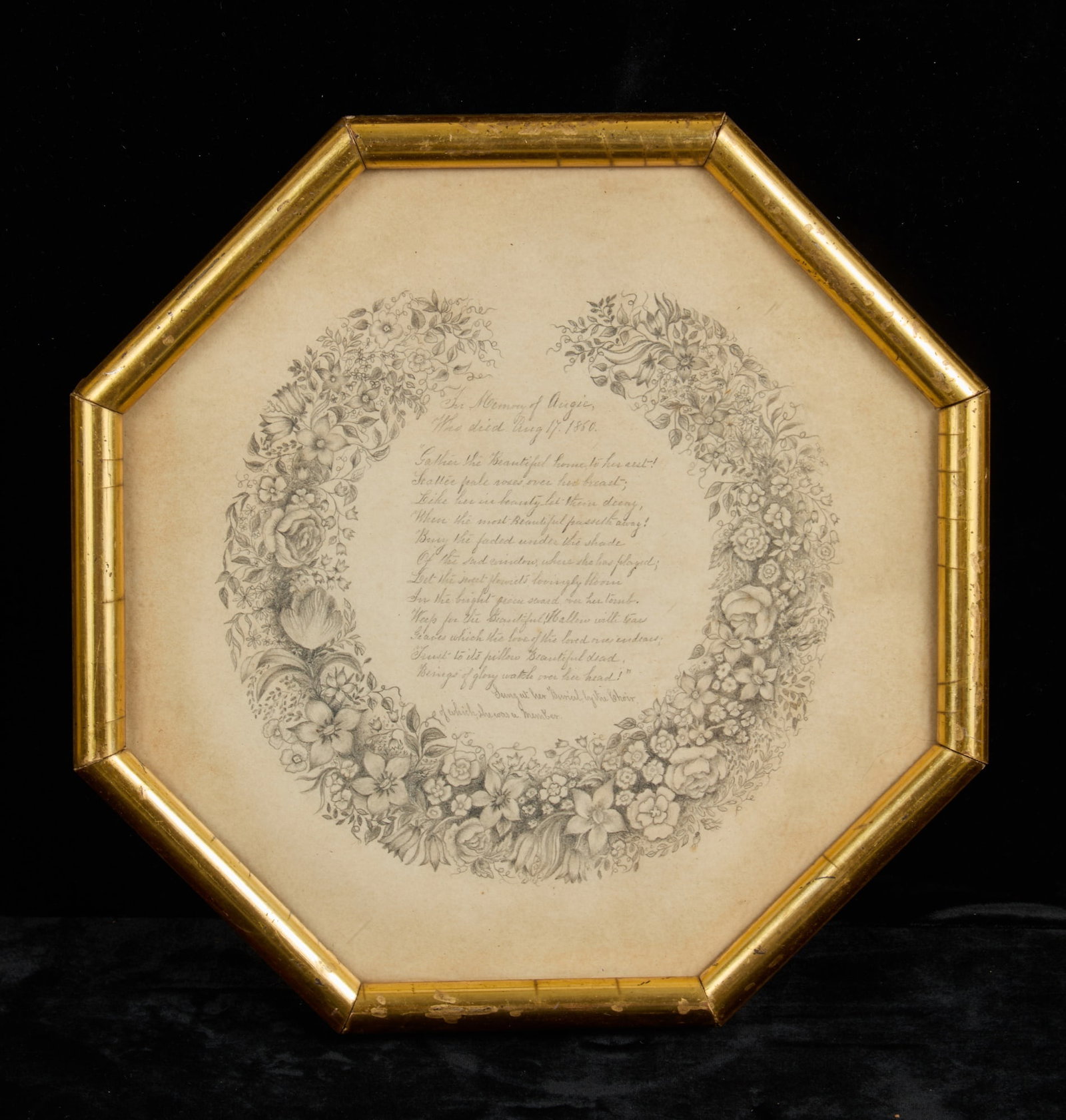HAND DRAWN 1860 MEMENTO MORI WREATH with VERSE: A beautiful pencil drawn floral wreath with verse "In memory of Augie who died Aug. 17 1860". Inscription verso "Victory wreath drawn and hymn copied by Mrs. John Winship in memory of a sister 1860. F