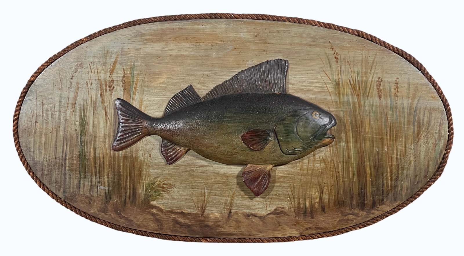 FOLK ART CARVED & PAINTED BASS on LAKEBED PLAQUE (1 of 6)