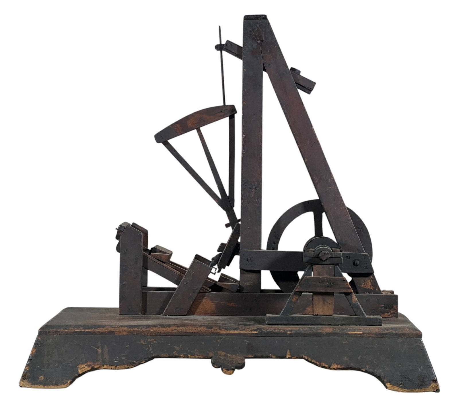 (19th c) WOODEN OIL DERRICK MODEL - EARLY EXAMPLE: Functional wood & iron model of an oil derrick on a nice shaped, cutout base. Great early example of an oil derrick. 19 1/2 x 21 x 9 inches.