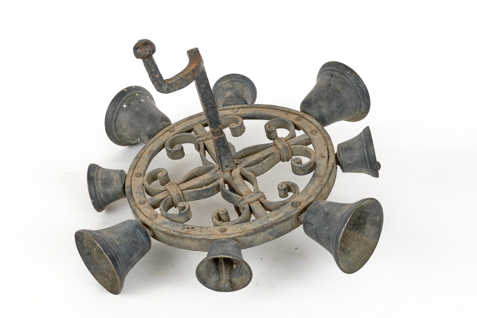 (19th c) BRASS & WROUGHT IRON REVOLVING DOORBELL: In black paint. 14 1/4 x 10 inches.