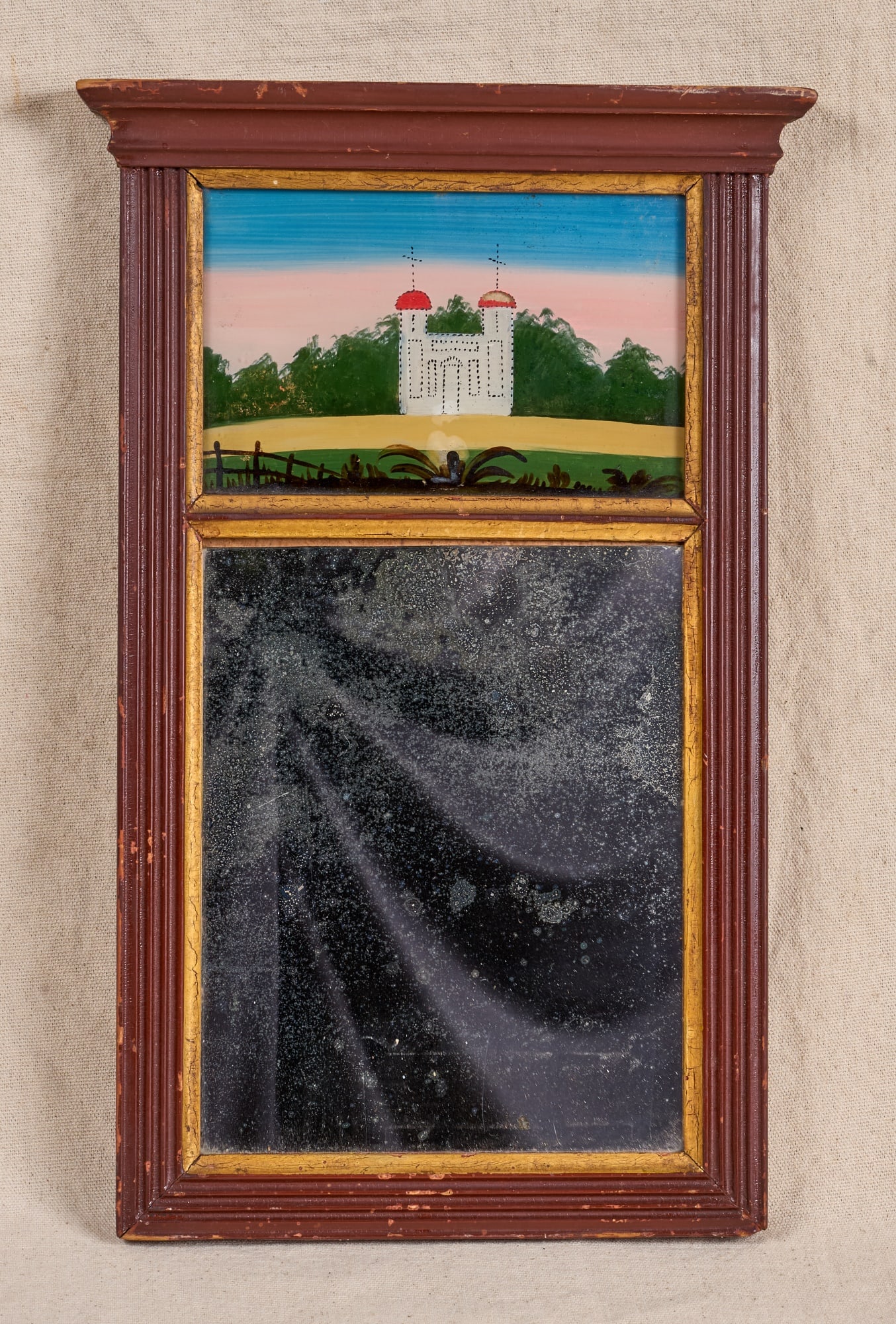 (19th c) PAINTED MIRROR w REVERSE PAINTED MISSION (1 of 6)