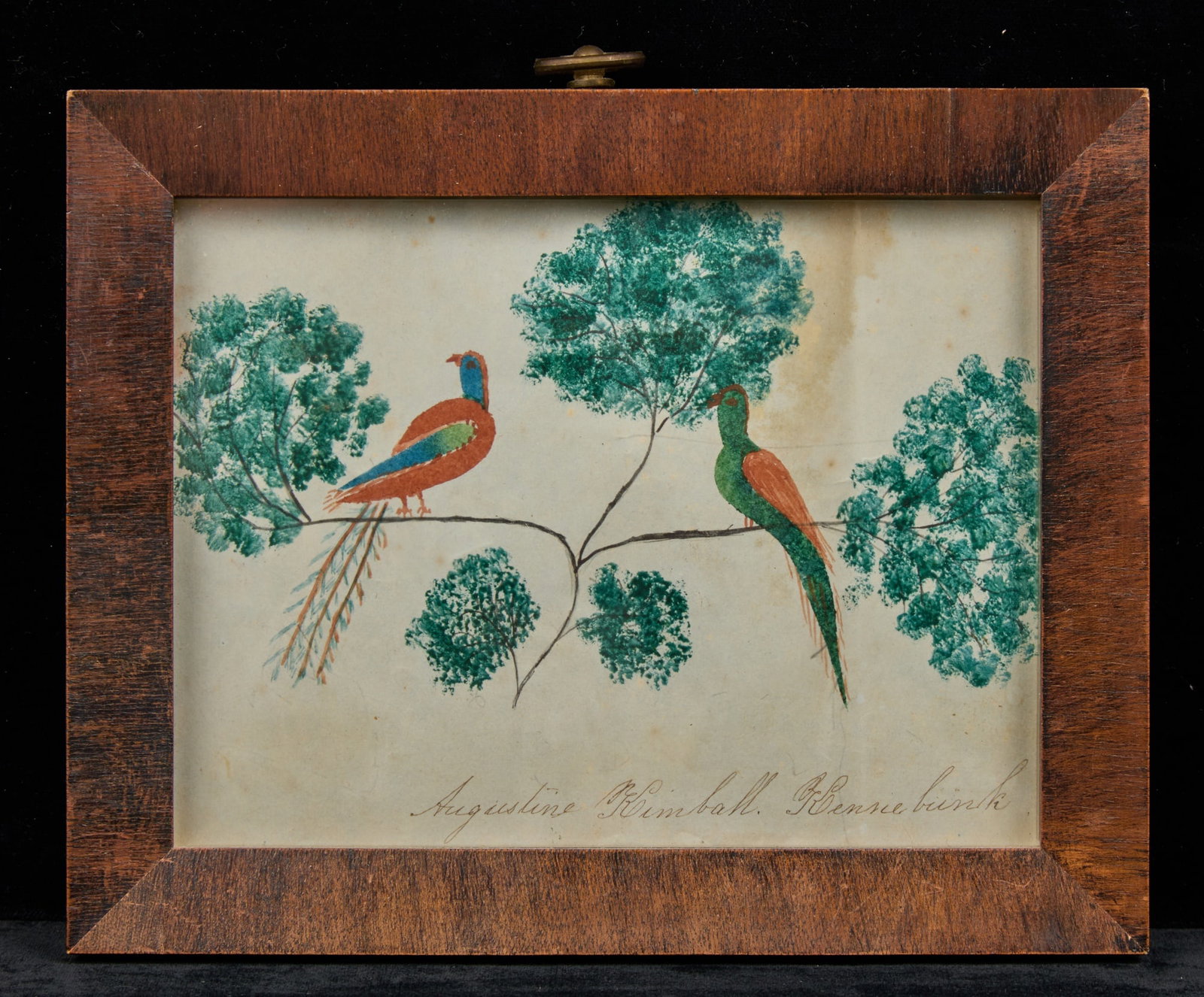AUGUSTINE KIMBALL (19th c) Kennebunk, ME: Lovebirds & Flora, two sided watercolor on paper 4 1/4 x 5 3/4 inches, signed Augustine Kimball Kennebunk lower right. 5 3/4 x 7 inches overall. N.B. There is a listed Augustine Kimball (1841-1912) as