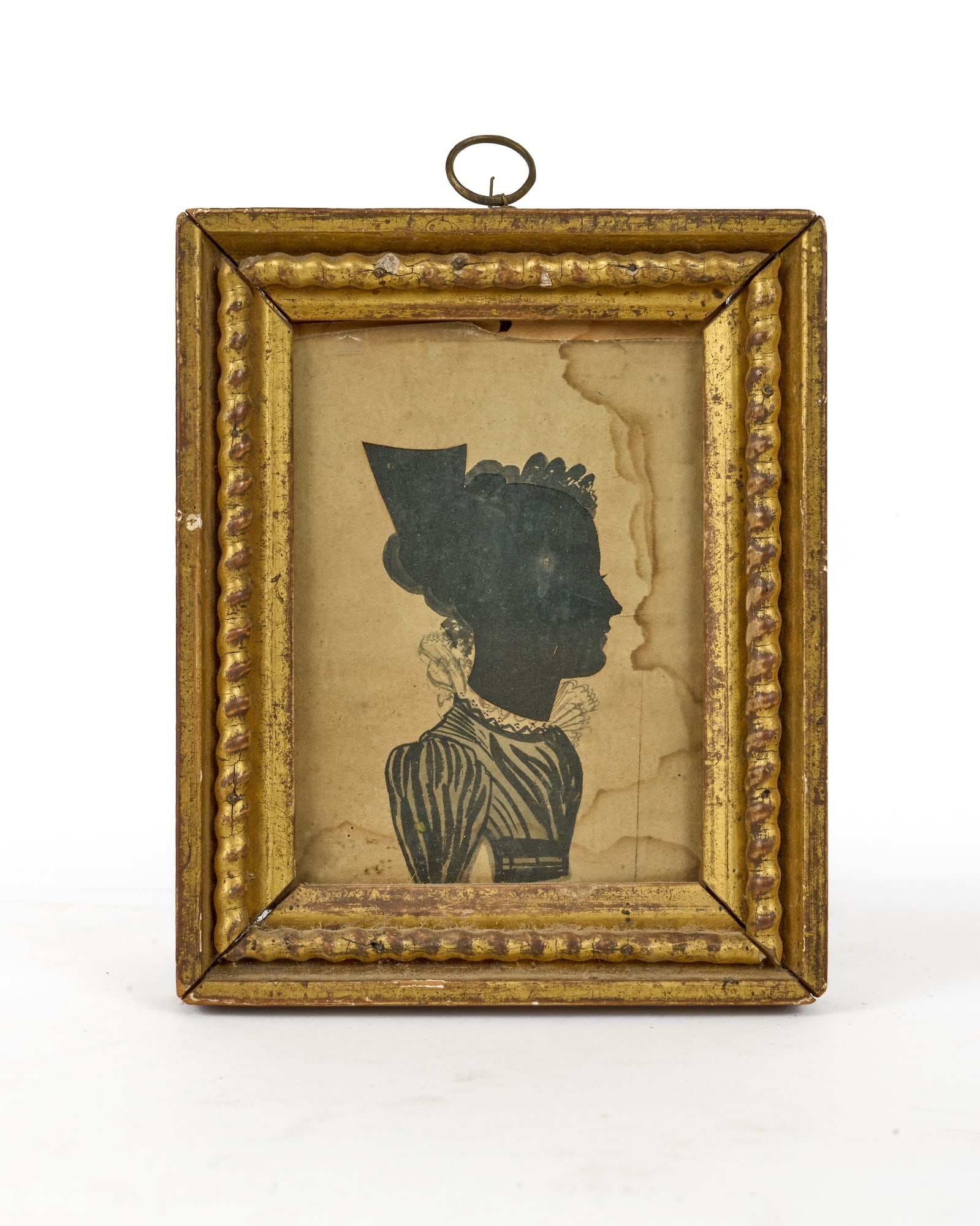 (19th c) HOLLOW CUT SILHOUETTE with WATERCOLOR: (19th c) hollow cut silhouette portrait of a lady in fancy dress & lace collar embellished with watercolor. Housed in a period gilt frame. 5 x 4 inches overall.