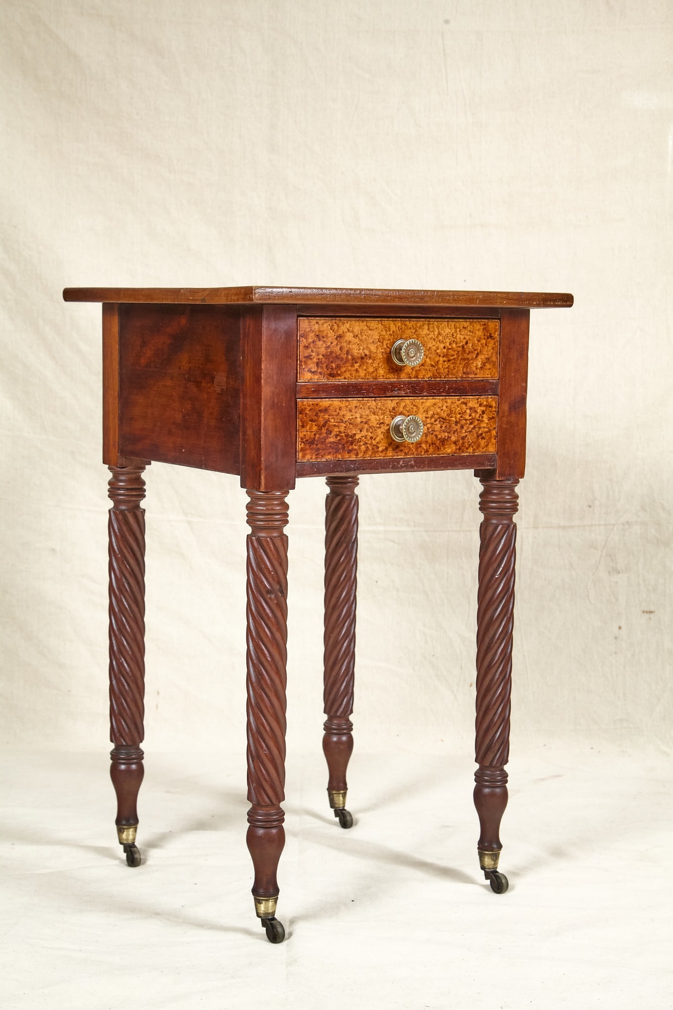 (19thc) BIRDSEYE MAPLE & MAHOGANY (2) DRAWER STAND (1 of 11)