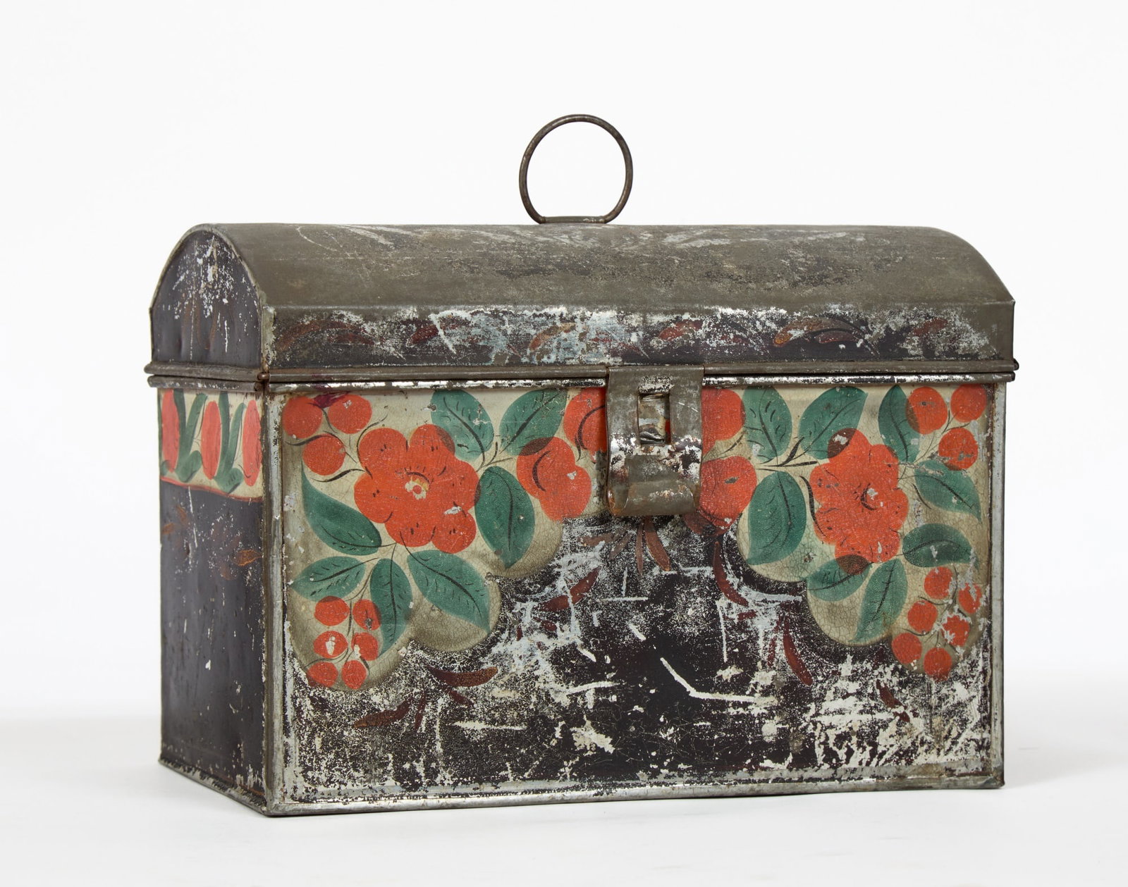 (19th c) TOLE PAINTED TIN DOCUMENT BOX: Hand painted with orange flowers. 7 x 10 x 5 1/2 inches.