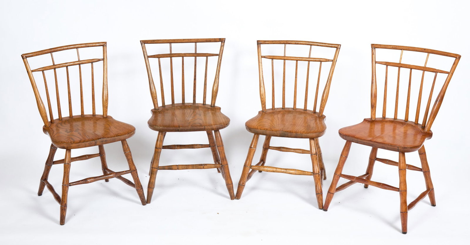 (4) JUVENILE OAK BIRDCAGE WINDSOR SIDE CHAIRS: (3) matching with (1) similar. 25 1/2 x 14 x 14 inches; 13 1/2 inch seat height.