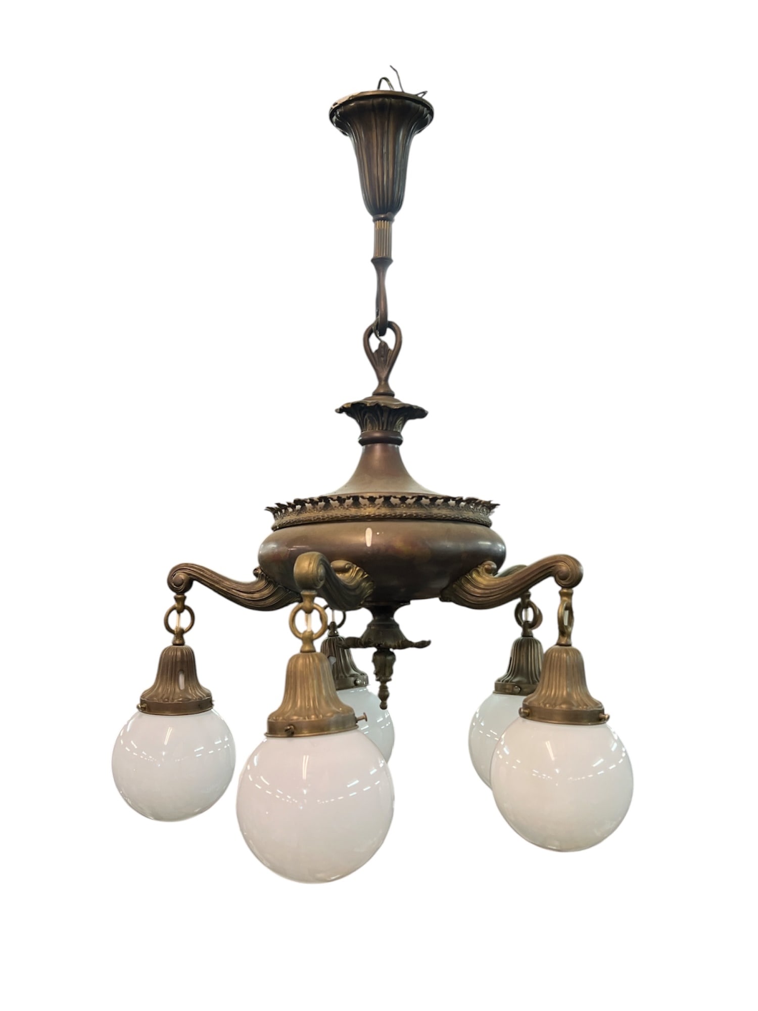FANCY BRASS (5) GLOBE LIGHT HANGING FIXTURE (1 of 2)