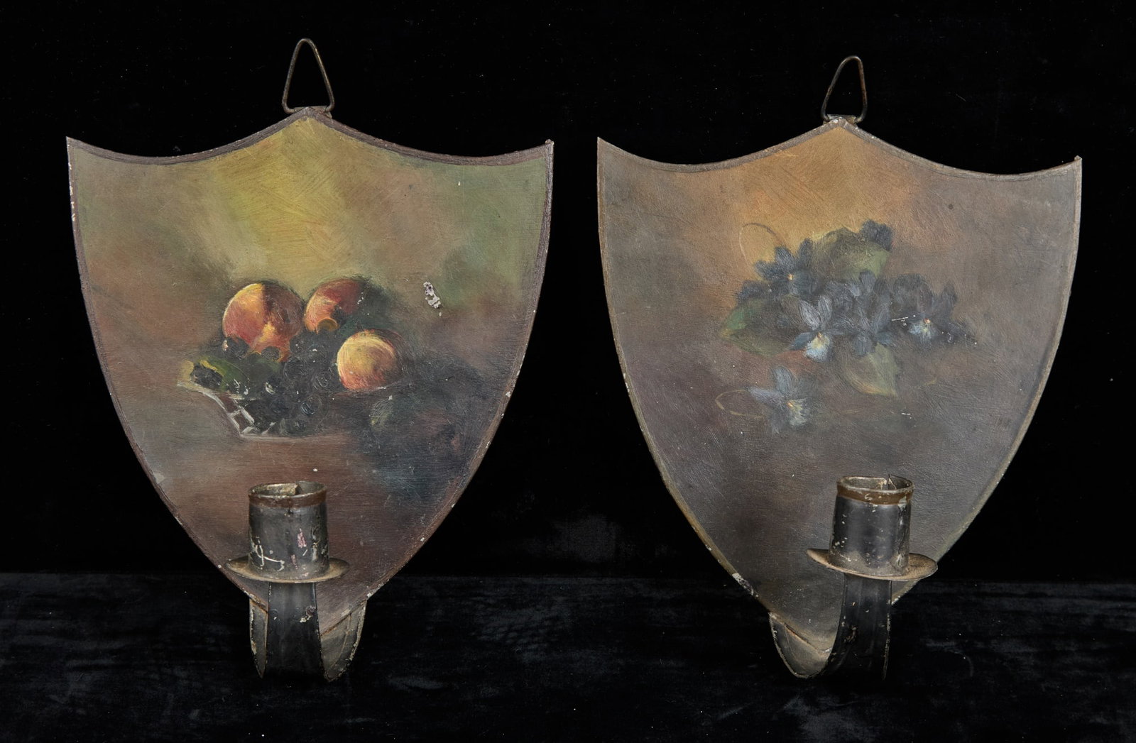PAIR of (19th c) HAND PAINTED SHIELD-FORM SCONCES: Hand painted with fruit & floral still lifes. 8 x 7 1/4 x 3 inches.