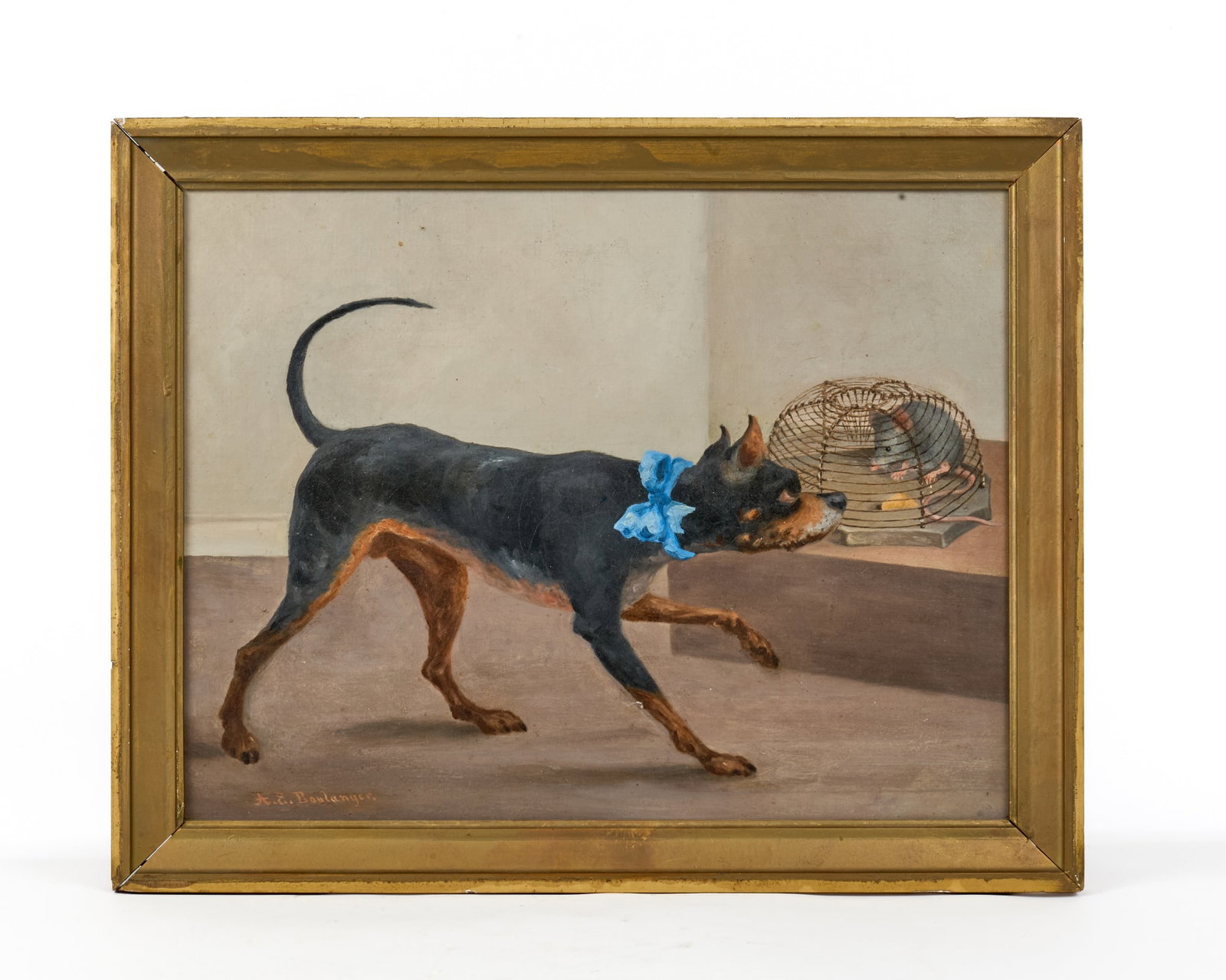 A.E. BOULANGER (19th c) Folk Art Oil on Canvas: The Mousetrap, oil on canvas 14 x 18 1/4 inches, signed lower left, housed in original gilt liner with hand hammered nails. 16 1/4 x 20 1/4 inches overall.