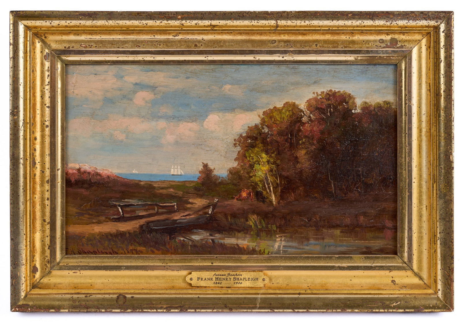 FRANK HENRY SHAPLEIGH (1842-1906): "Autumn on the Seashore" oil on board 7 x 12 inches. signed and dated 1877. framed 10 1/2 x 15 1/2 inches (overall)