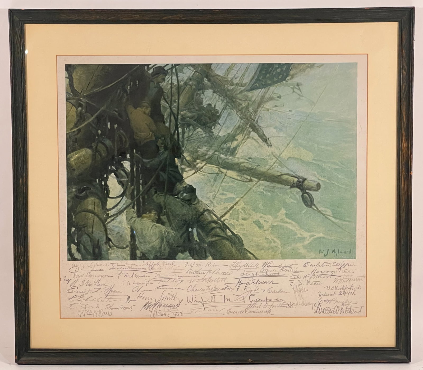 COMPOSITE of ARTIST'S AUTOGRAPHS: Possibly of those who were associated with or exhibited at the Salmagundi Club. Handwritten in space below a photomechanical print entitled "The Breeches Buoy" by W.J. Aylward. 23 1/2 x 26 1/2 inches