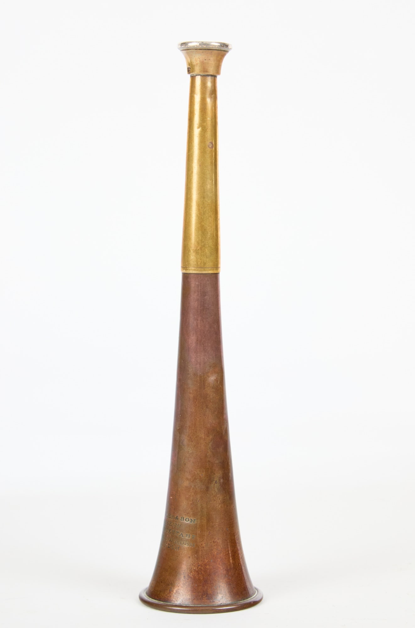 ENGLISH BRASS & COPPER FOX HUNTING HORN: Kohler & Son Henrietta St. Covent Garden London. Also stamped J.K. & A.K. on mouthpiece. 9 inches