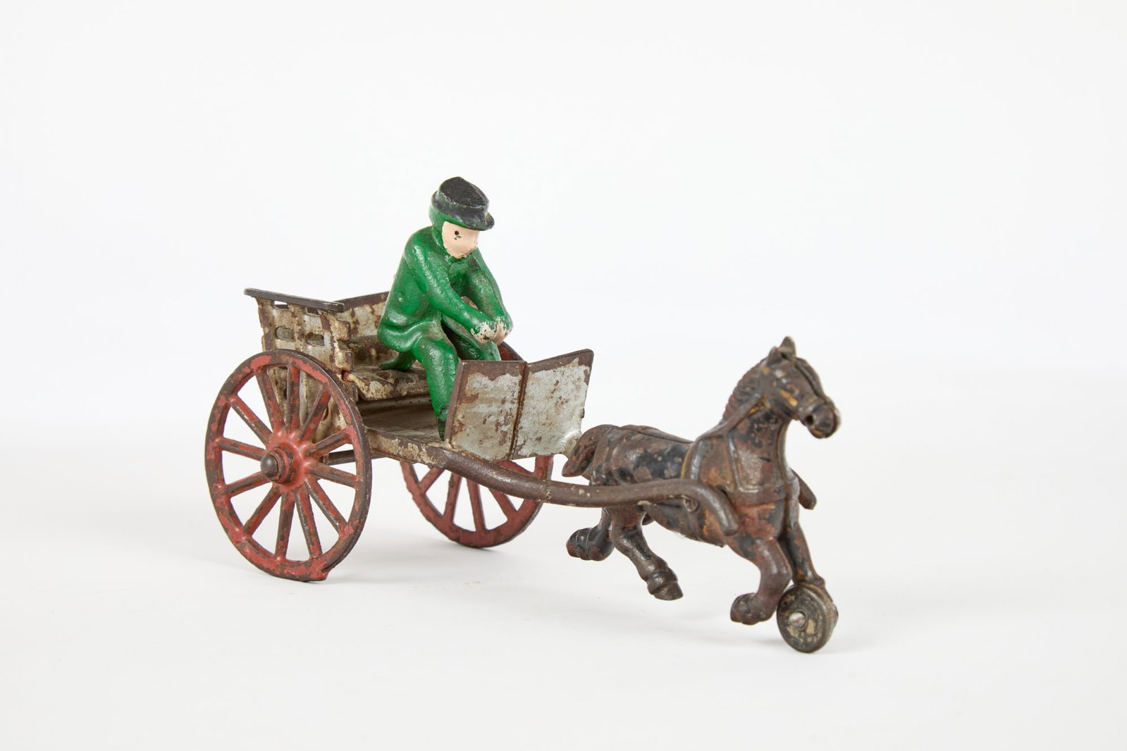 (19th c) CAST IRON TOY HORSE DRAWN CART: 3 x 7 inches