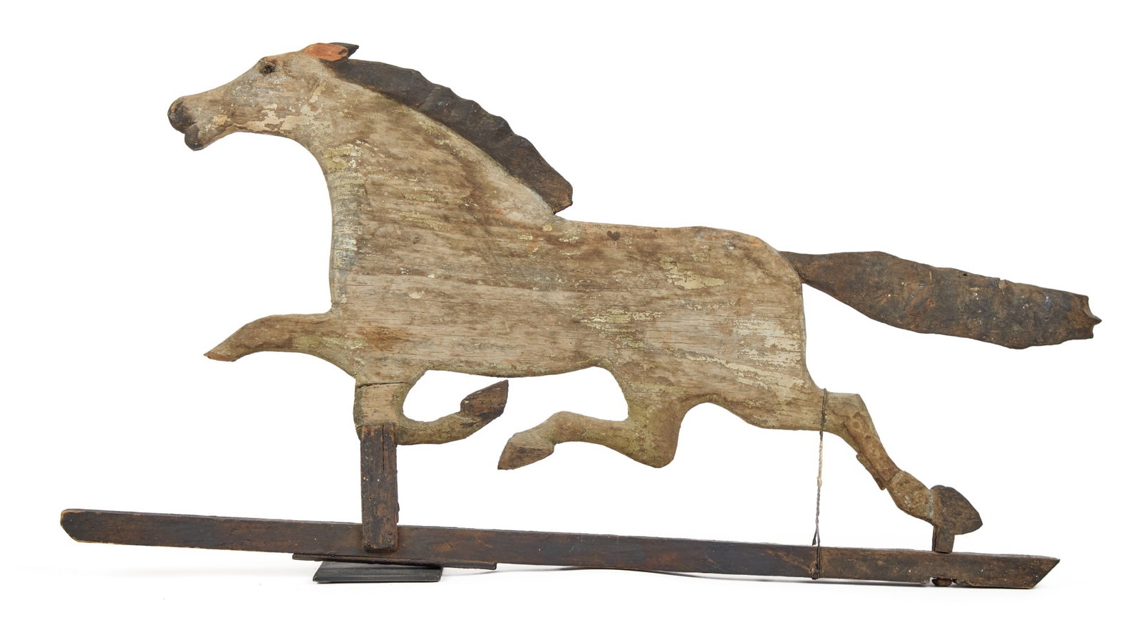CARVED and PAINTED TROTTING HORSE WEATHERVANE: Strapped beneath with a heavy wrought iron mount to receive post. 17 x 33 x 1 inch.