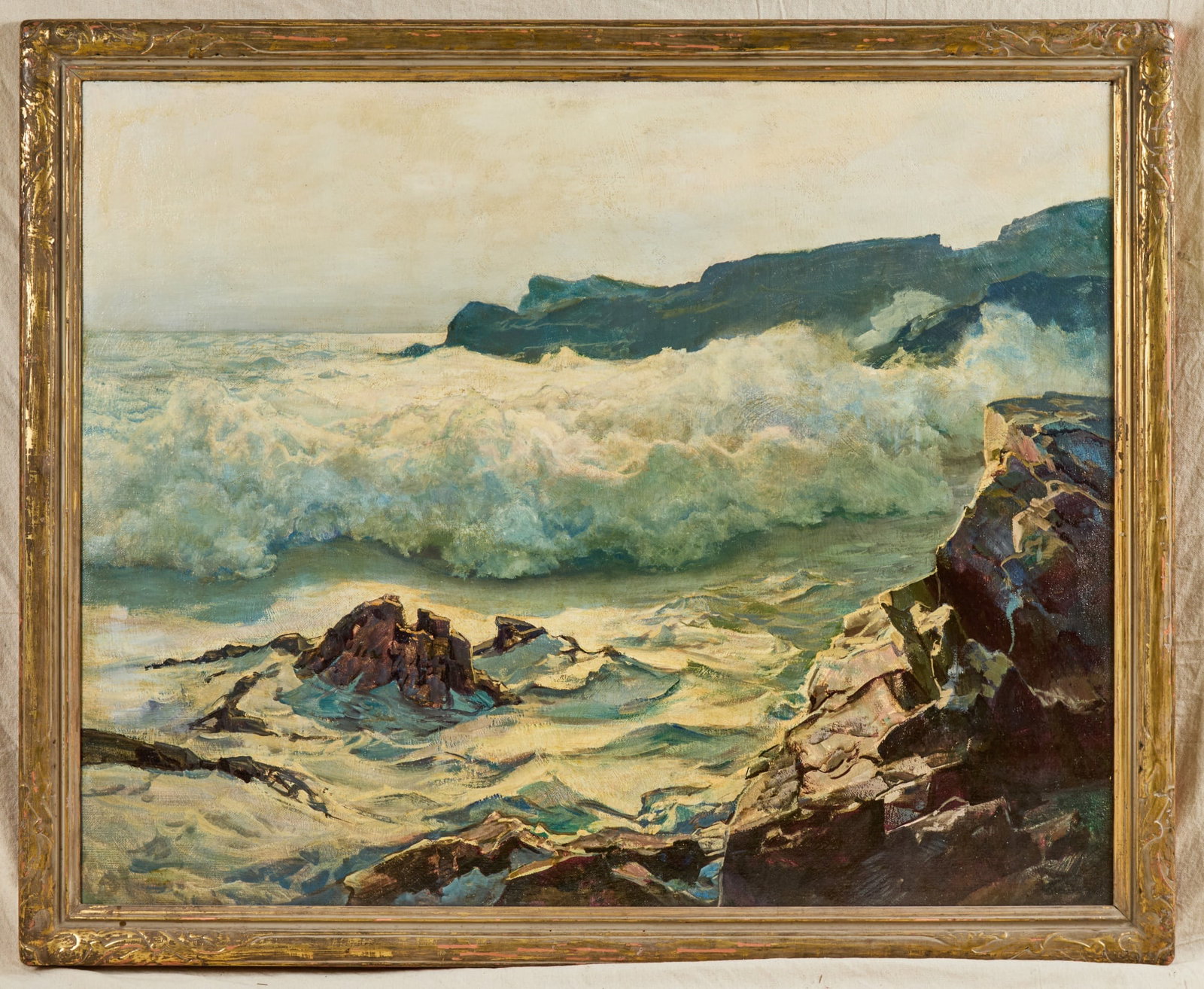 FREDERICK JUDD WAUGH (1861-1940): #24 Morning Tide, oil on Masonite 40 x 50 inches, signed lower right, exhibition label verso. 45 1/2 x 55 1/2 inches overall.