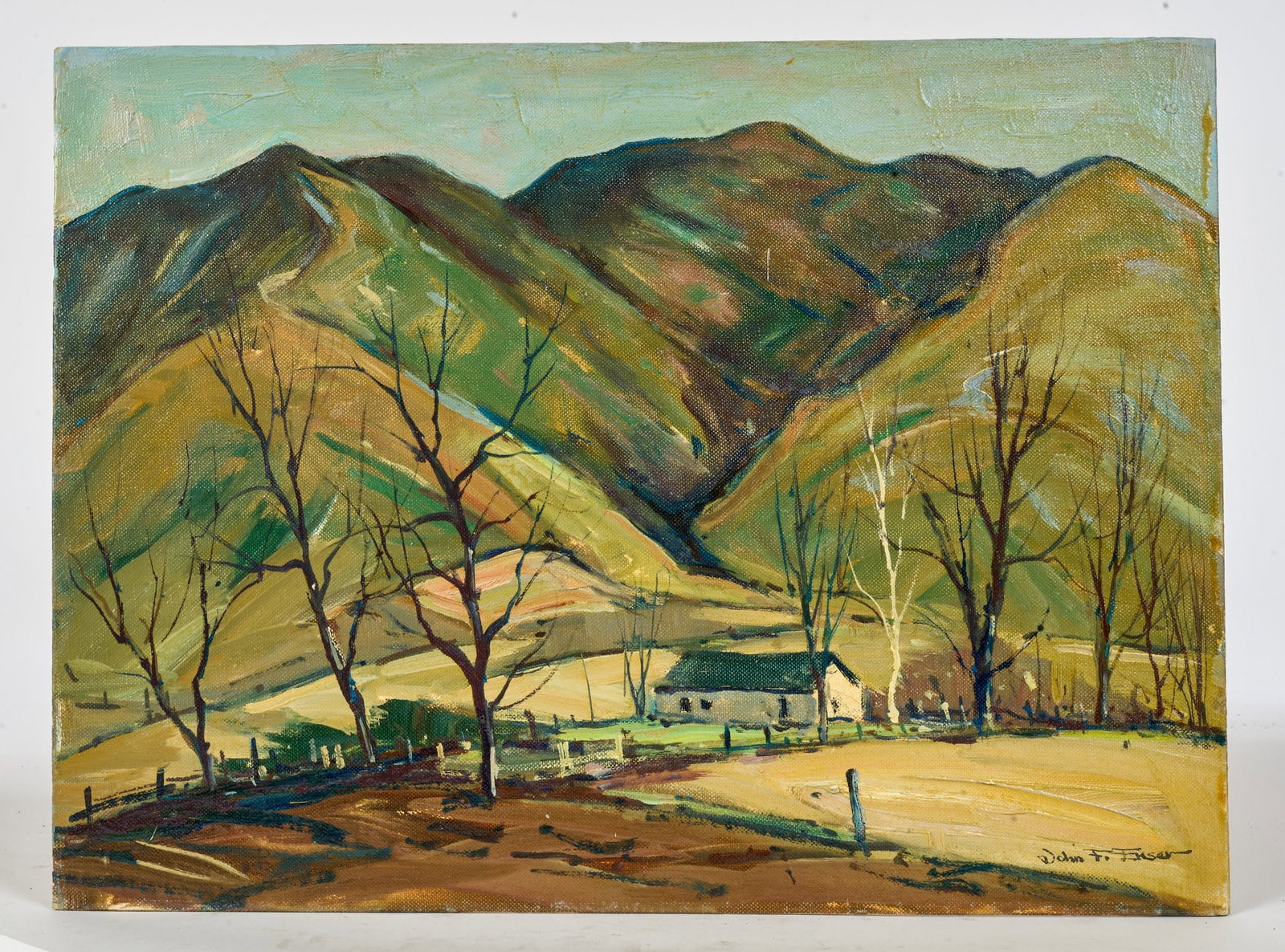 JOHN F. ENSER (1898-1968): Farm House at the Base of a Mountainous Ravine. oil on canvas board 12 x 16 inches. signed. unframed