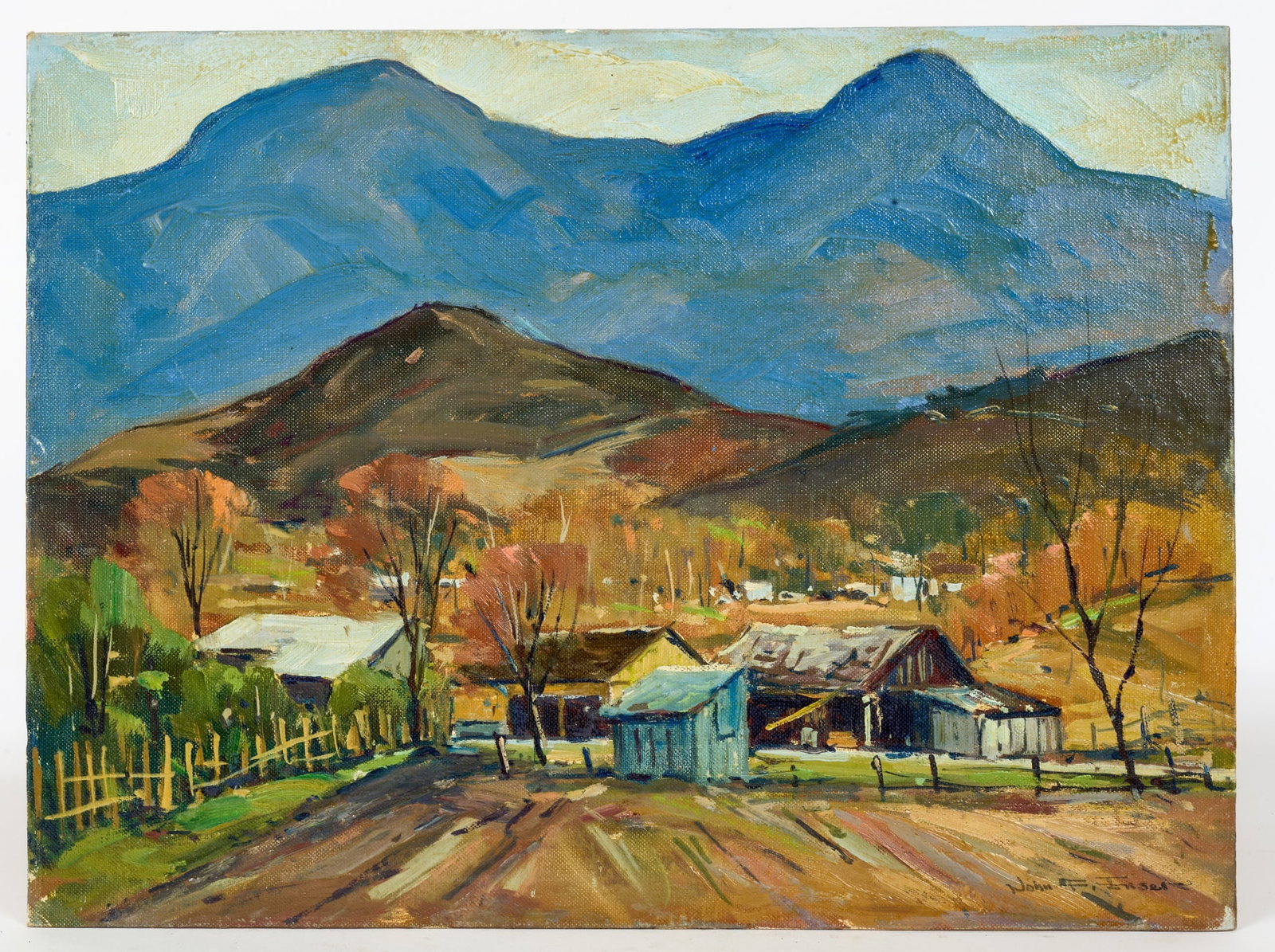 JOHN F. ENSER (1898-1968): Rural Township with a Backdrop of Mountains. oil on canvas board 12 x 16 inches. signed. unframed