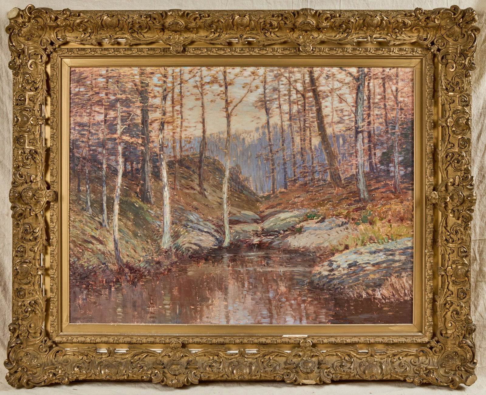 LEONARD OCHTMAN (1854-1934): Woodland Reflection, pool at Gray Ledge Cos Cob, Connecticut (?). Oil on canvas. Signed and dated 1909 lower left. Framed 42 1/4 x 52 1/4 inches. Painting 30 x 40 inches.