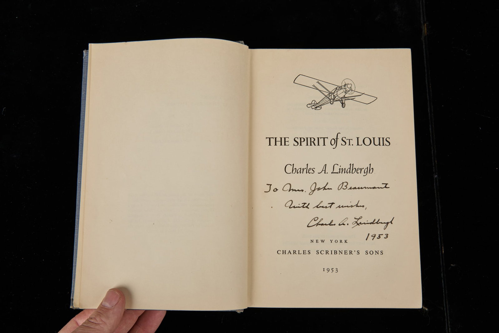 THE SPIRIT of ST. LOUIS FIRST EDITION 1953- SIGNED: Title page inscribed "To Mrs. John Beaumont with Best Wishes Charles A. Lindbergh 1953". 8 1/2 x 5 3/4 inches.
