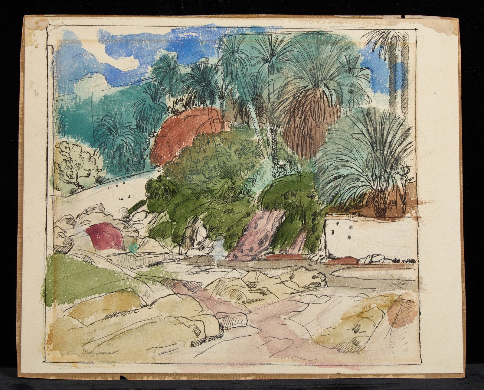 CHARLES DUFRESNE (1876-1936): Tropical Landscape, watercolor & ink on paper, signed lower left. Previously framed & matted. 9 1/4 x 11 inches.