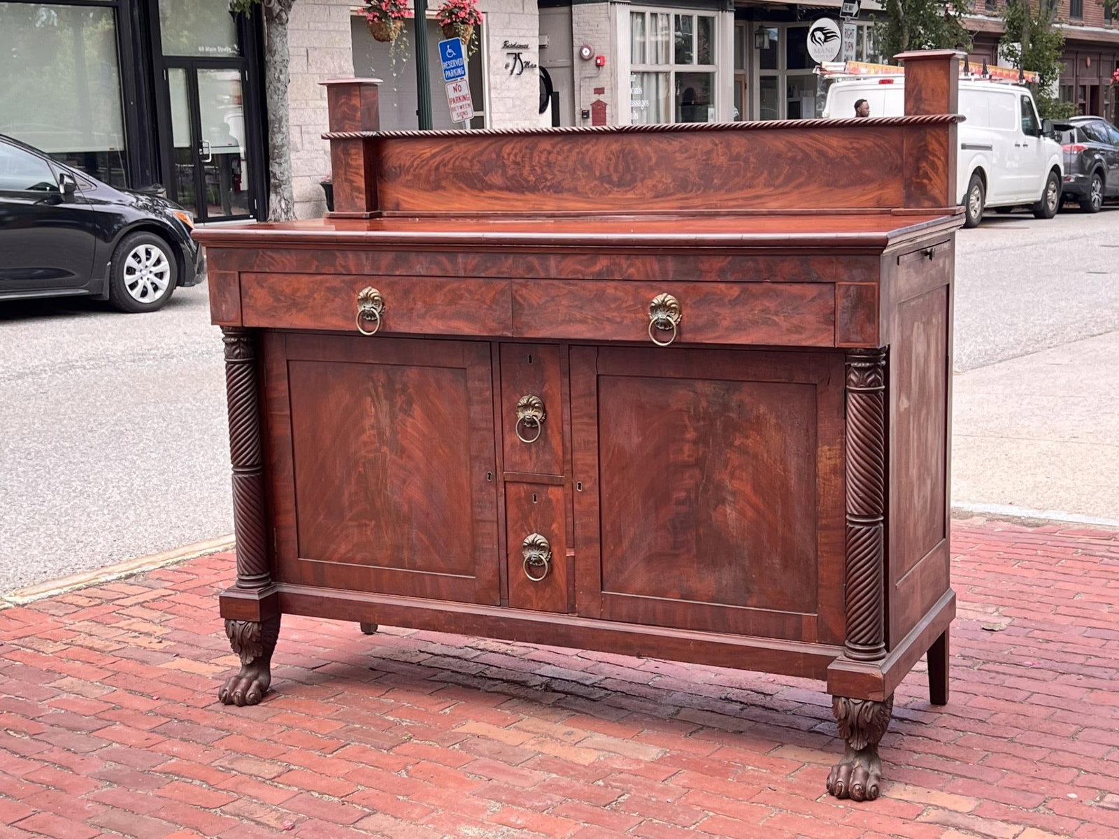 PERIOD CLASSICAL BOSTON EMPIRE MAHOGANY SERVER: Early (19th c) mahogany server with finely carved paw feet and wonderful turned decoration. 59" x 65" x 25"