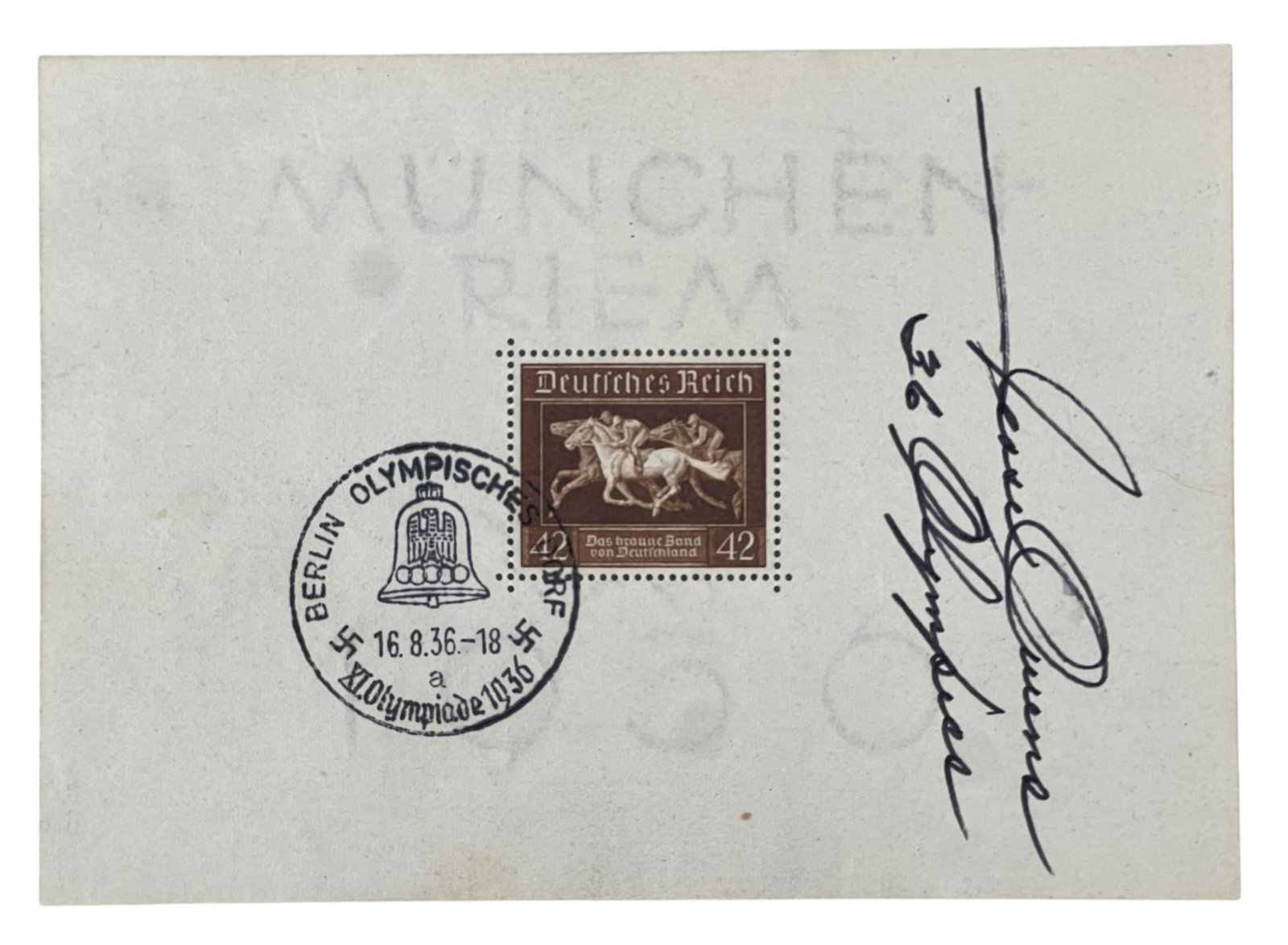 JESSE OWENS 1936 OLYMPICS AUTOGRAPH: "Jesse Owens 36 Olympics" autographed on a Munchen Reim watermarked envelope with Berlin Olympics cancellation and commemorative German Empire stamp. 4 x 5 3/4 inches.