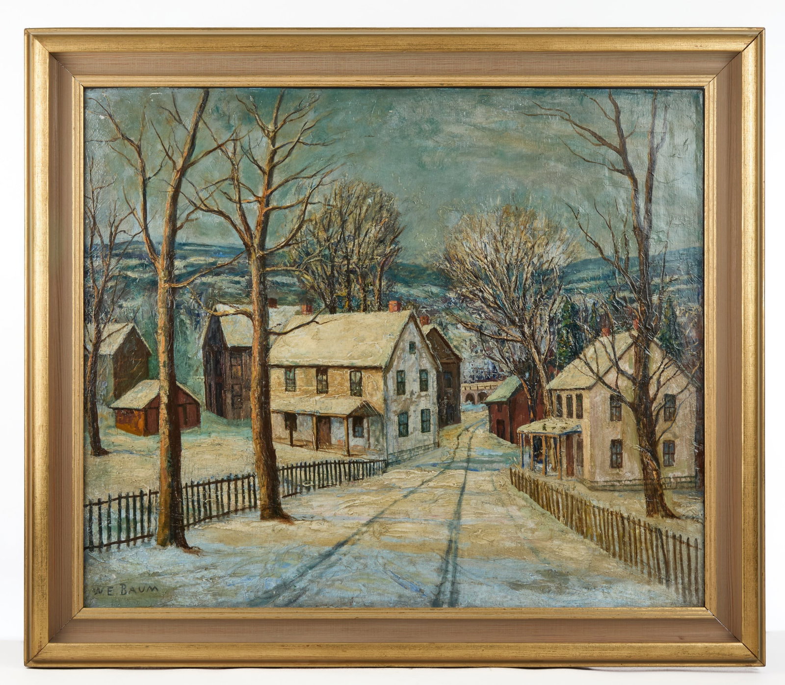 WALTER EMERSON BAUM (1884-1956): "Village & Hills in Winter", oil on canvas 30 1/4 x 36 inches, signed lower left and secondary signature painted over lower right, titled verso. Conservation report, artist biography, and Harry Eichel