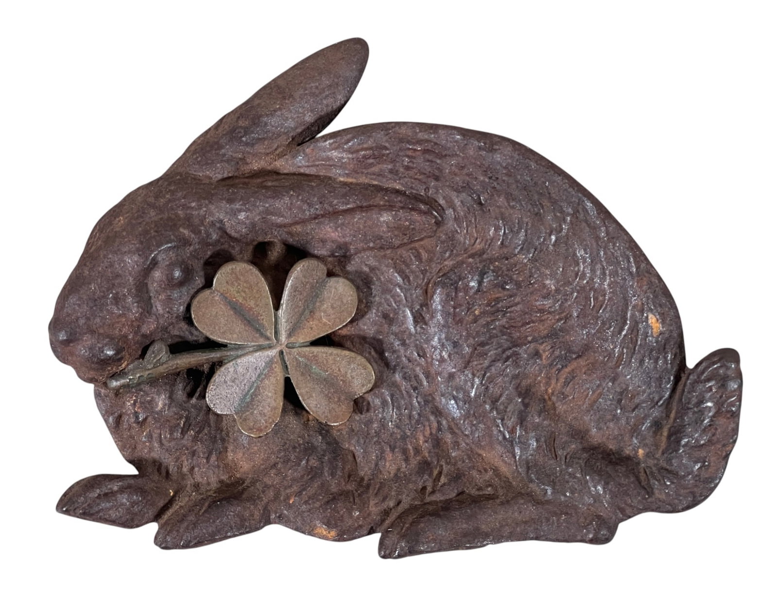 RARE FIGURAL BRADLEY & HUBBARD PIN TRAY: Rare Bradley & Hubbard Lucky Rabbit pin tray, cast iron rabbit with bronze clover. Marked B&H 1835 on back. 4 1/4 x 5 1/2 inches.