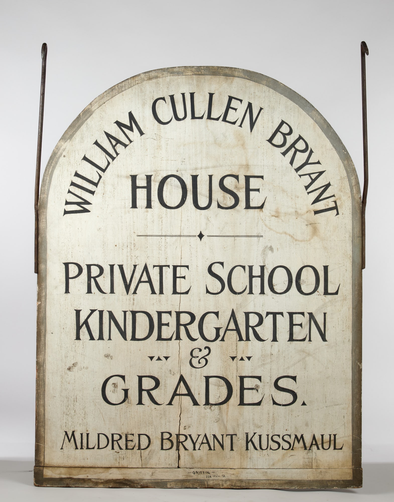 1930s WILLIAM CULLEN BRYANT HOUSE SCHOOL SIGN: (2) Sided sign: Private School - Kindergarten & Grades - Mildred Bryant Kussmaul. Painted wood with breadboard base. 39 x 28 inches.