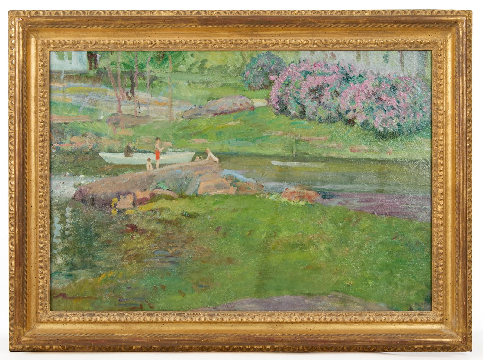THEODORE WENDEL (1859-1932): "The Marsh, Boys Swimming at Ring Back Rock, Ipswich" oil on canvas 17 1/2 x 25 1/2 inches. unsigned. presented in a custom gilt frame. 22 x 30 inches (overall). Provenance: By direct descent of the a