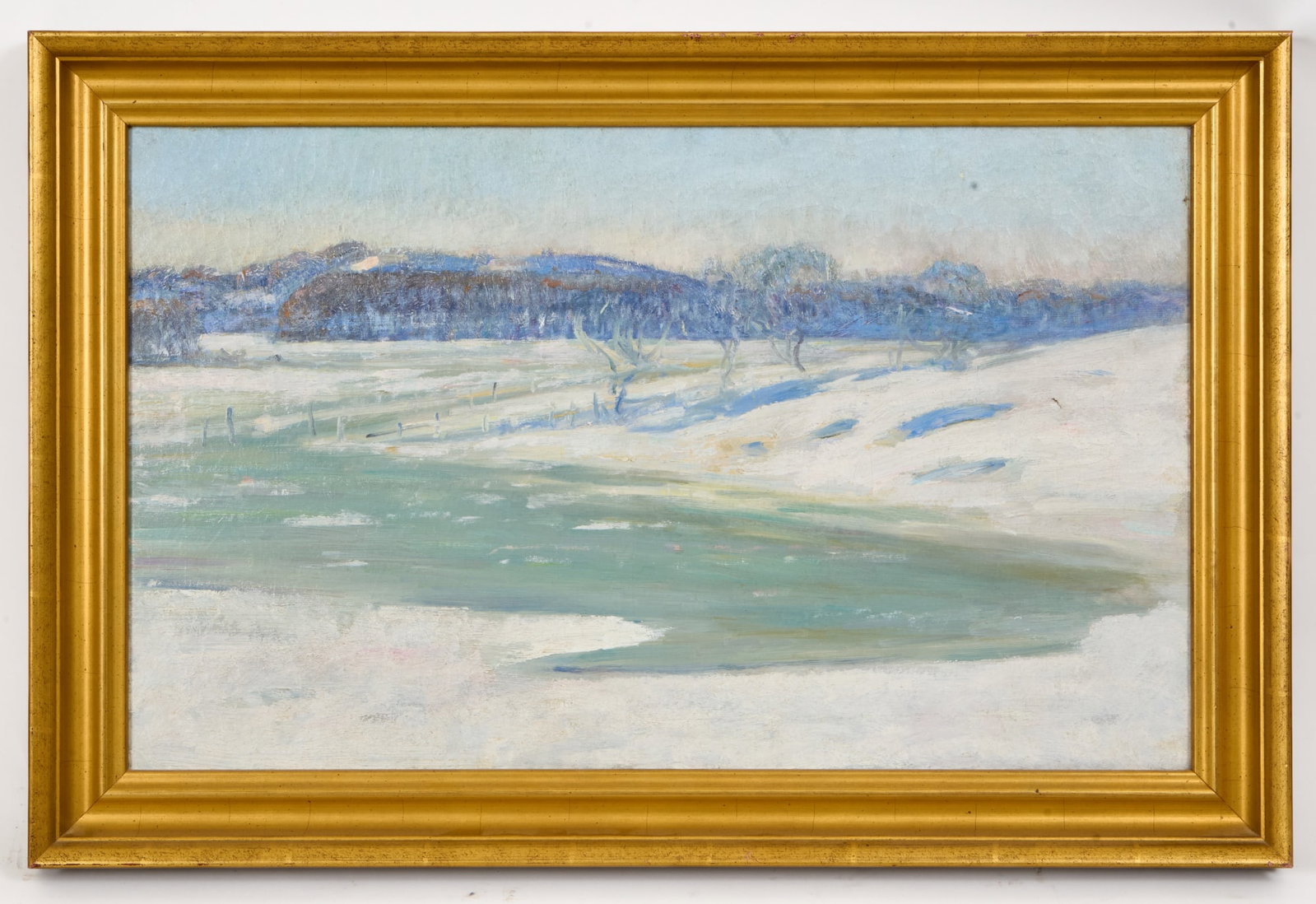 THEODORE WENDEL (1859-1932): "Ipswich Marsh in Winter" oil on canvas 19 1/2 x 31 1/4 inches. unsigned. framed. 24 x 36 1/2 inches (overall). Wendel estate inventory #37139. Provenance: By direct descent of the artist. Estate of T