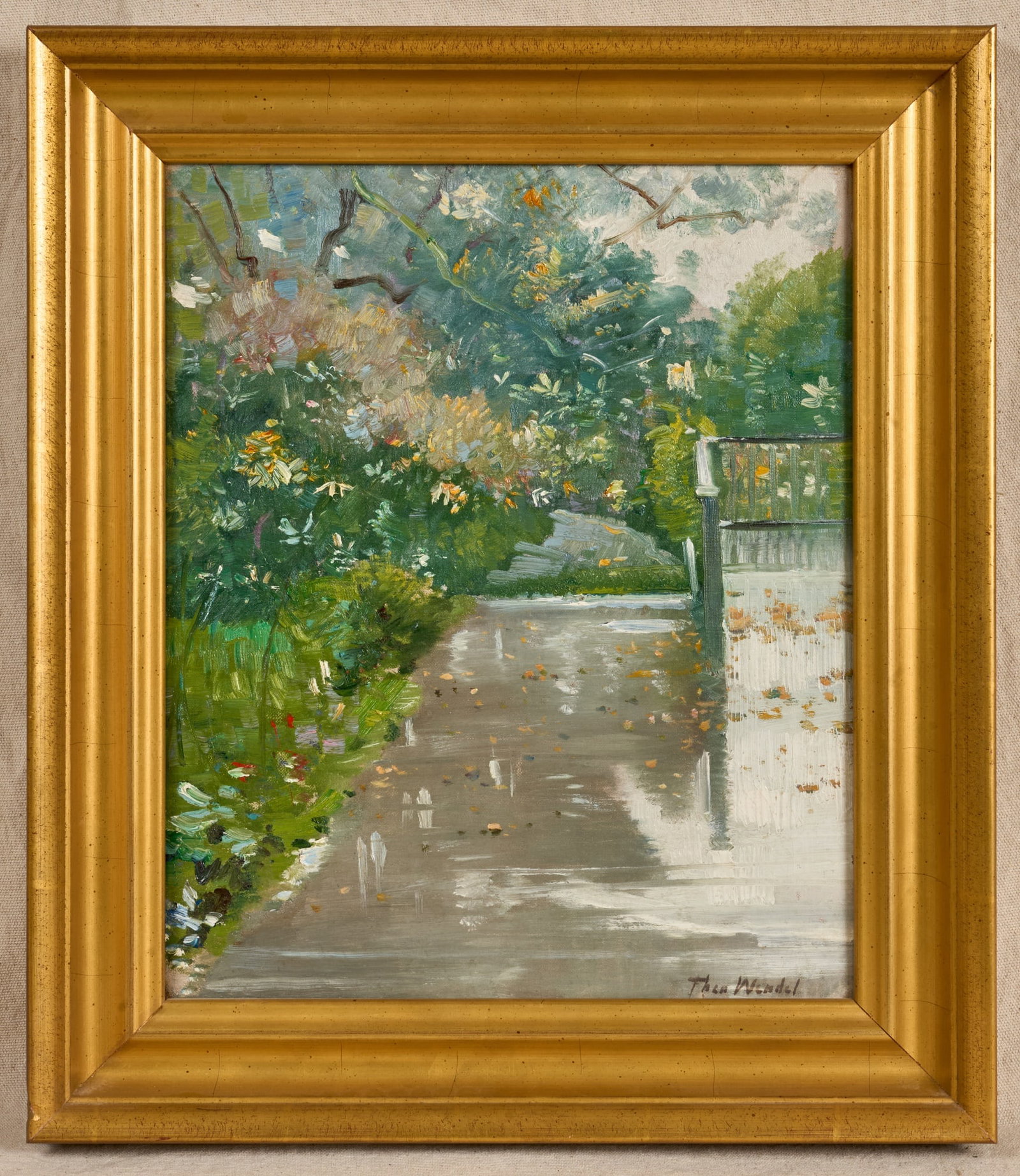 THEODORE WENDEL (1859-1932): Spring Shower and Flower Petals. oil on canvas 17 1/2 x 14 1/2 inches. signed. presented in a custom gilt frame. 22 x 19 inches (overall). Provenance: By direct descent of the artist.
