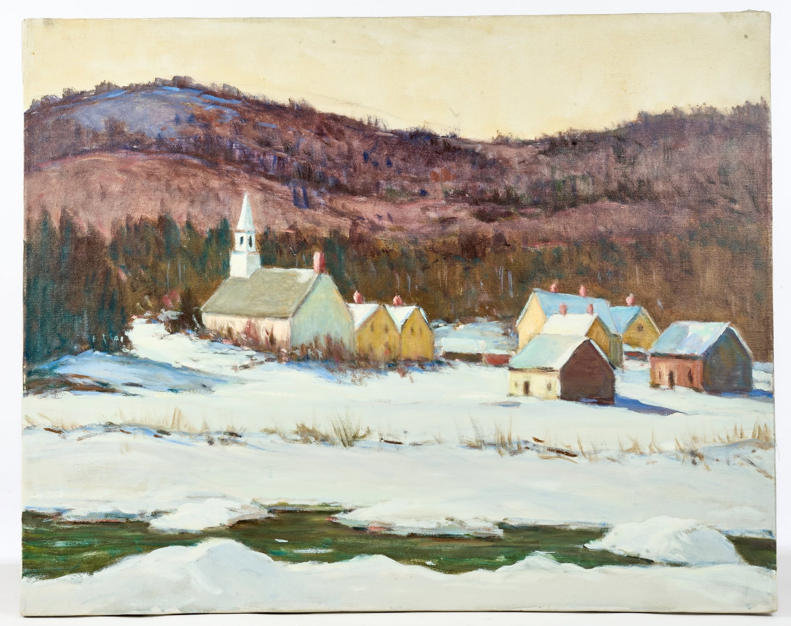 JOHN F. ENSER (1898-1968): "Town Center in Winter" Oil on canvas 24 x 30 inches. unsigned. unframed. Provenance: The estate of the artist