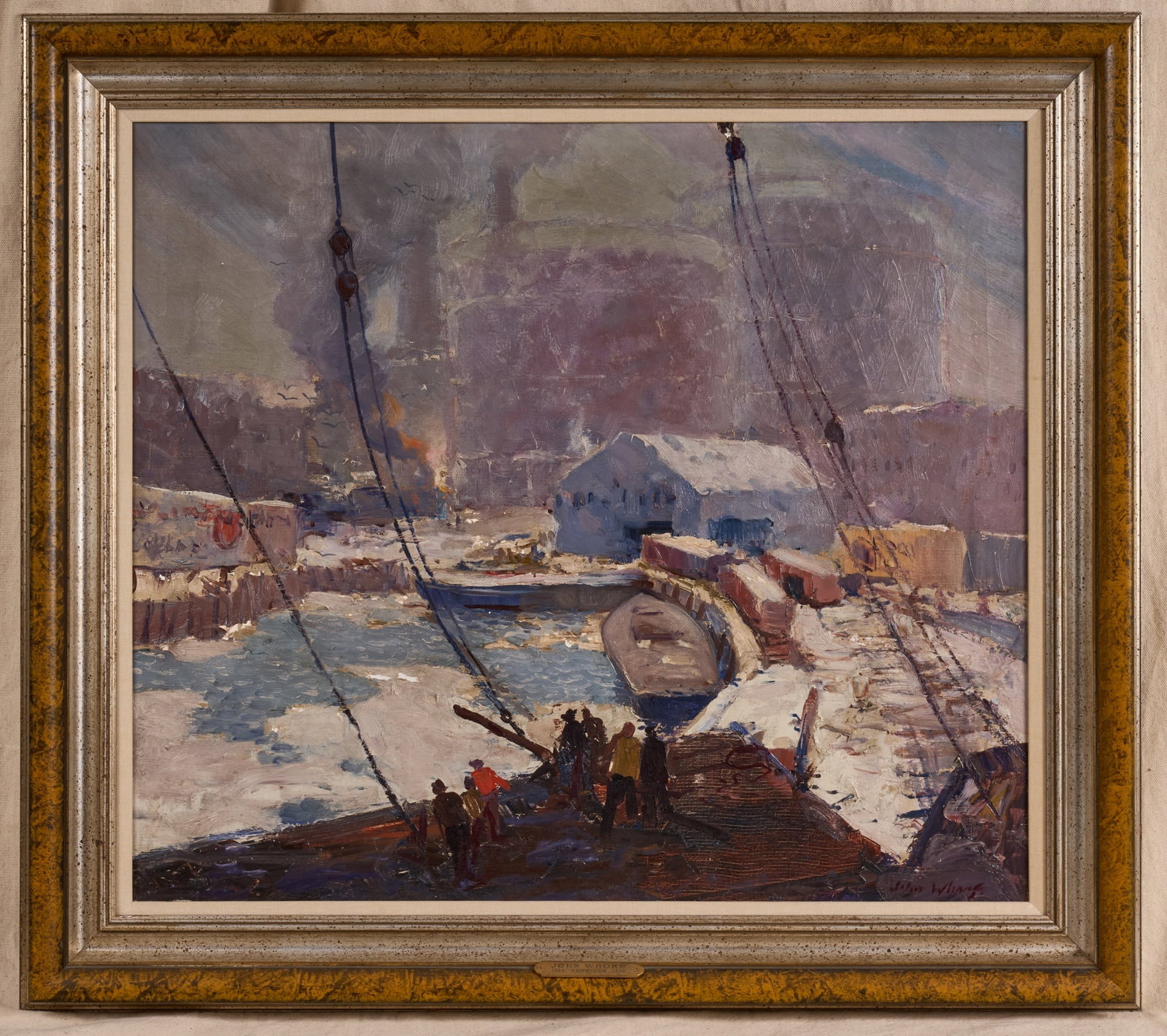 JOHN WHORF (1903-1959): New York Waterfront in Winter. 26 x 30 inches. signed. framed 33 1/2 x 36 1/2 inches (overall)