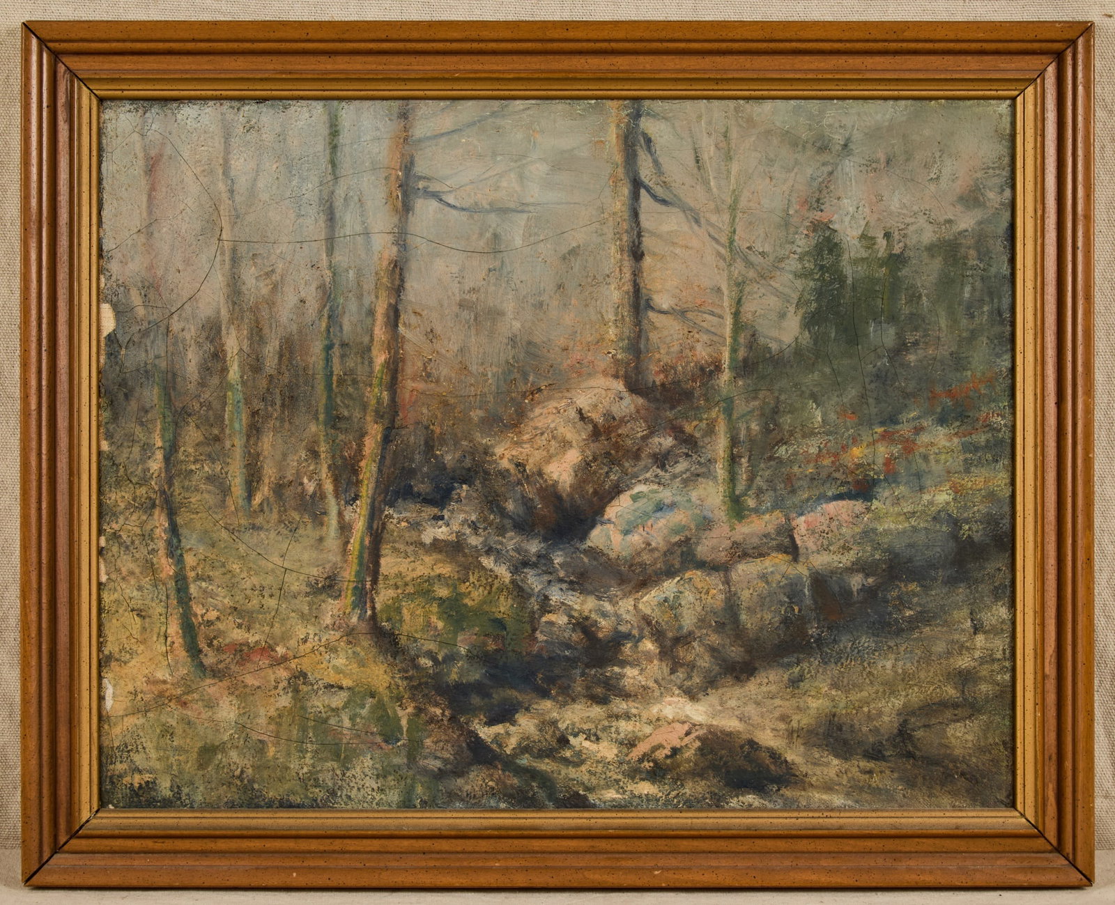 CHARLES BUCKLER (1869-1953): "Clouds - Shadows" / Brook near a Rocky Outcropping oil on canvas 14 x 18 inches. unsigned. framed 17 x 21 inches (overall). Provenance: By direct lineal descent from the artist to his great