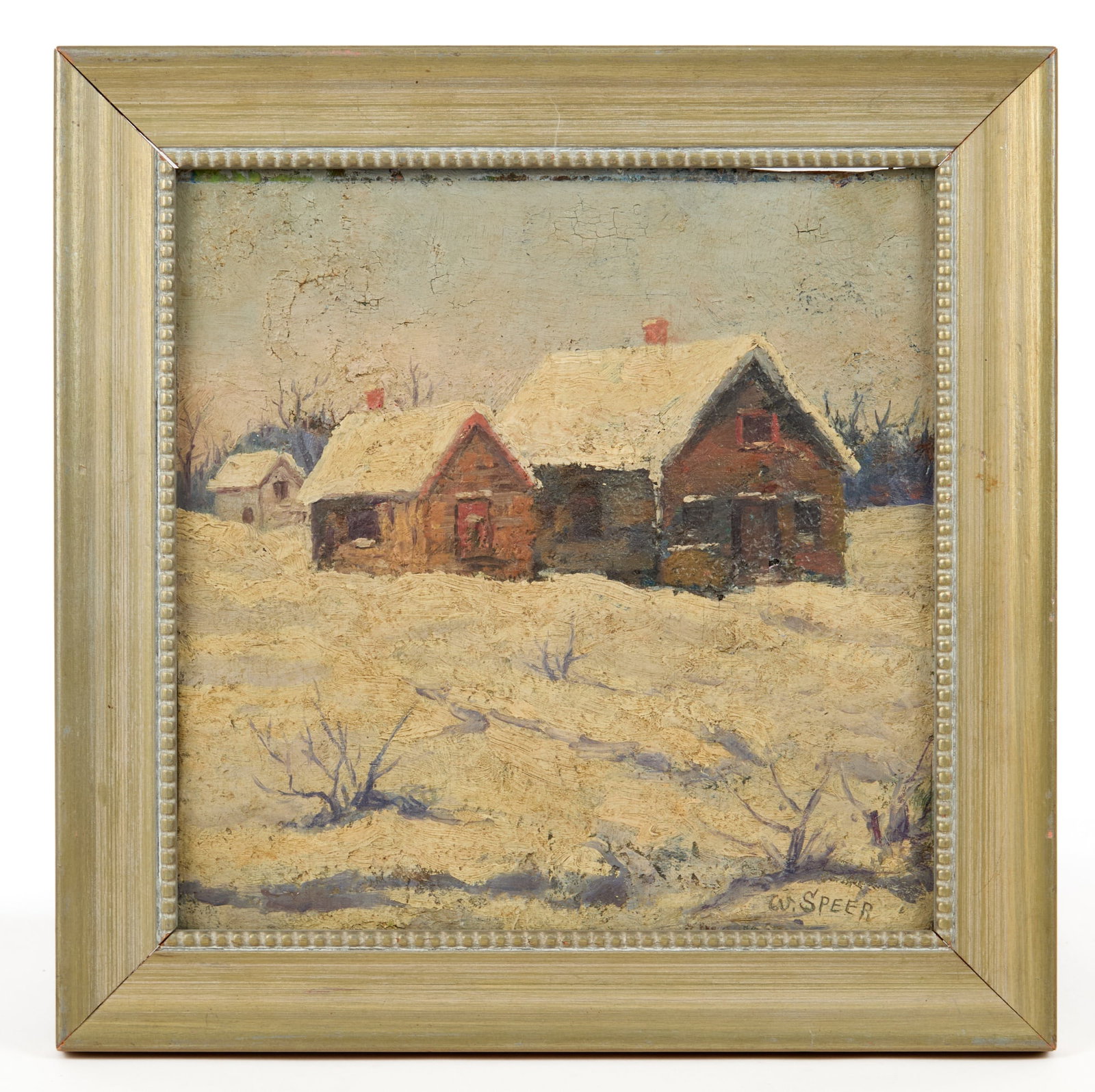 WILLIAM SPEER (b. 1877): "Country Home Winter", oil on board 9 3/4 x 10 inches, signed lower right, Harry Eichleay Art Co. label & artist palette verso. 12 1/2 x 12 1/2 inches overall.
