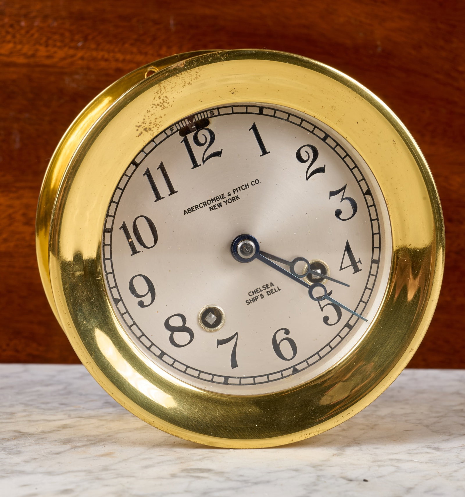 1930'S ABERCROMBIE & FITCH CO CHELSEA SHIP'S BELL: Brass case with breguet hands. Retailed by Abercrombie & Fitch CO, New York NY.