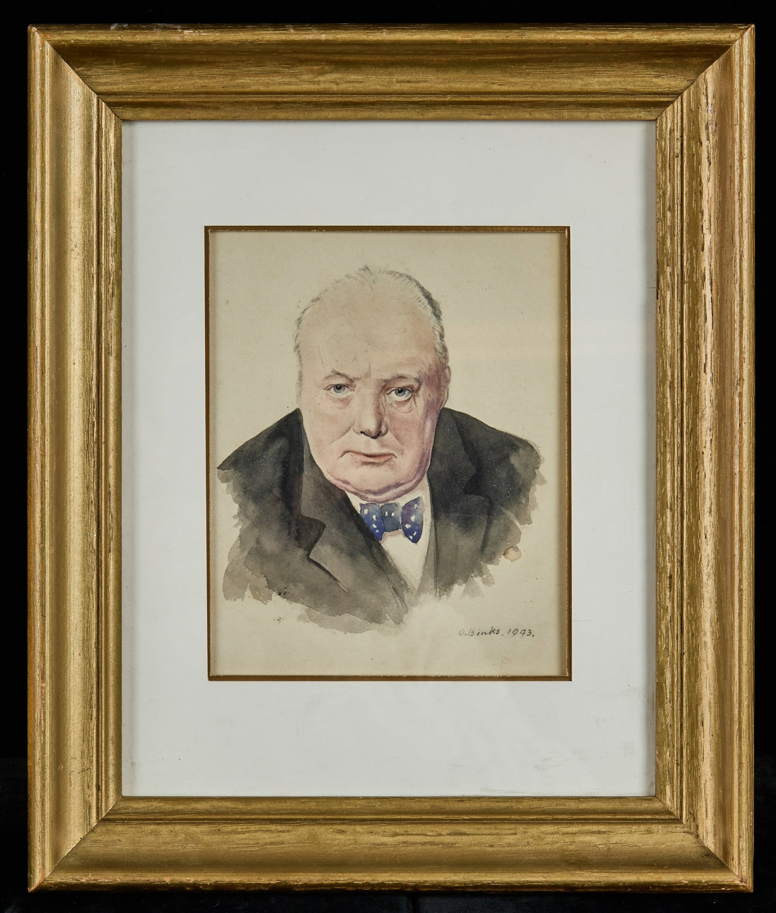 SIGNED WATERCOLOR PORTRAIT of WINSTON CHURCHILL: Portrait of Winston Churchill, watercolor on paper 6 1/4 x 5 inches, signed & dated lower right. Inscribed verso. 12 x 10 inches.