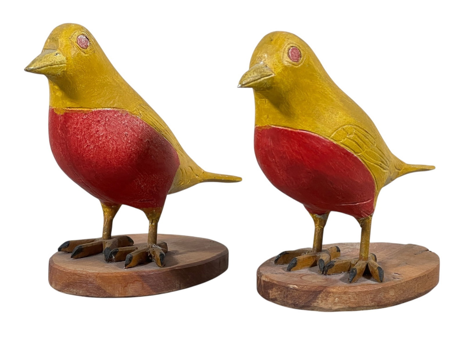 (2) IVAH SPINNEY (NH) CARVED & PAINTED SONGBIRDS: (2) carved & painted songbirds on custom bases, signed Ivah W. Spinney (Portsmouth, NH) under base.4 x 2 1/2 x 5 1/2 inches.