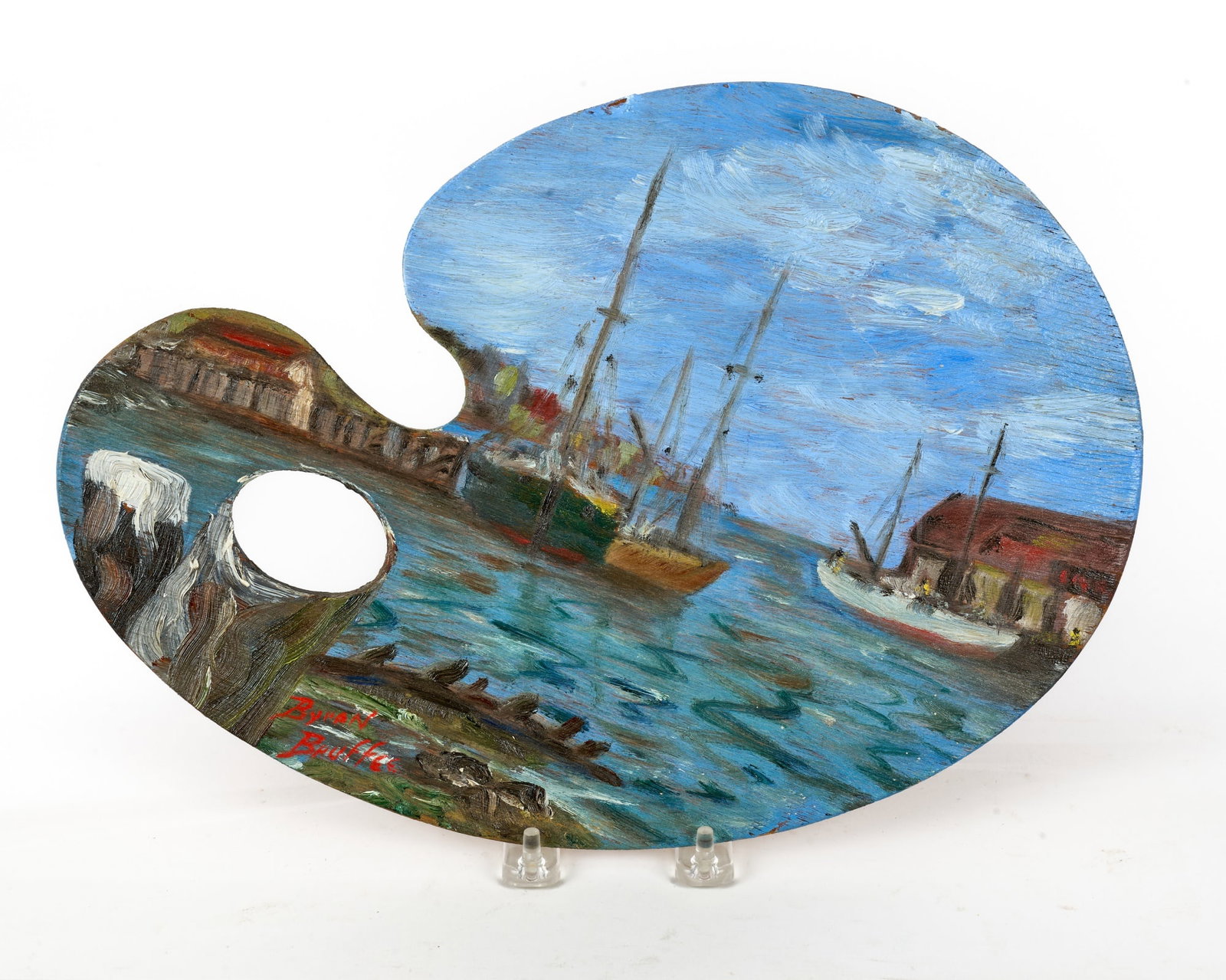 SIGNED FOLK ART OIL on ARTIST PALETTE: Ships at Bay, oil on artist palette, signed lower left Bryan Bruffee? 11 1/2 x 13 inches.