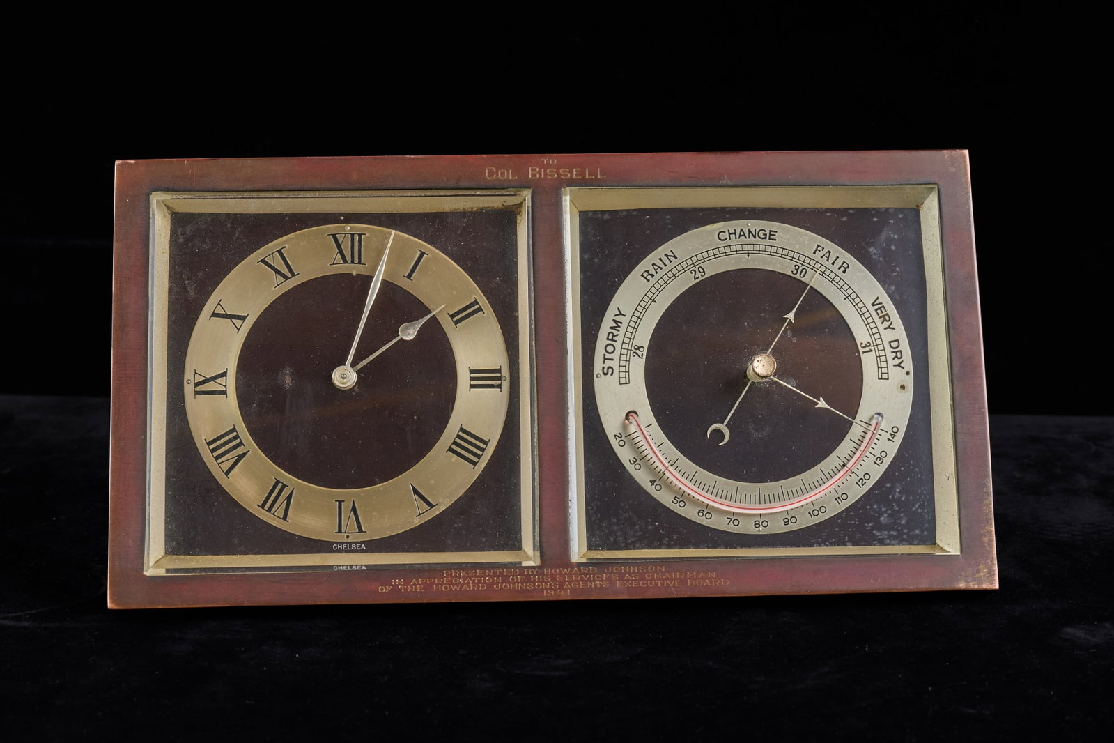 HOWARD JOHNSON PRESENTATION CHELSEA CLOCK SET: To: Col. Bissell. Presented by Howard Johnson in appreciation of his service as Chairman of the Howard Johnson's Agents Executive Board 1941. 6 x 11 3/4 inches