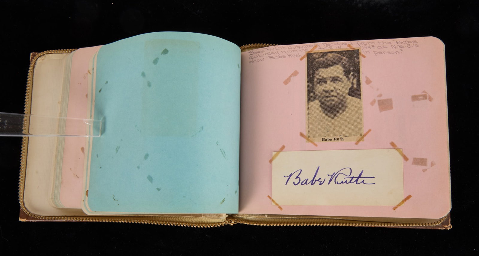 1940s AUTOGRAPH BOOK with BABE RUTH, DiMaggio etc.: This autograph book of all New Yorkers (mostly baseball players and a few musicians and actors) was collected in New York City by Bobbie L. Brown when she was a teenager in the 1940s. There are a few