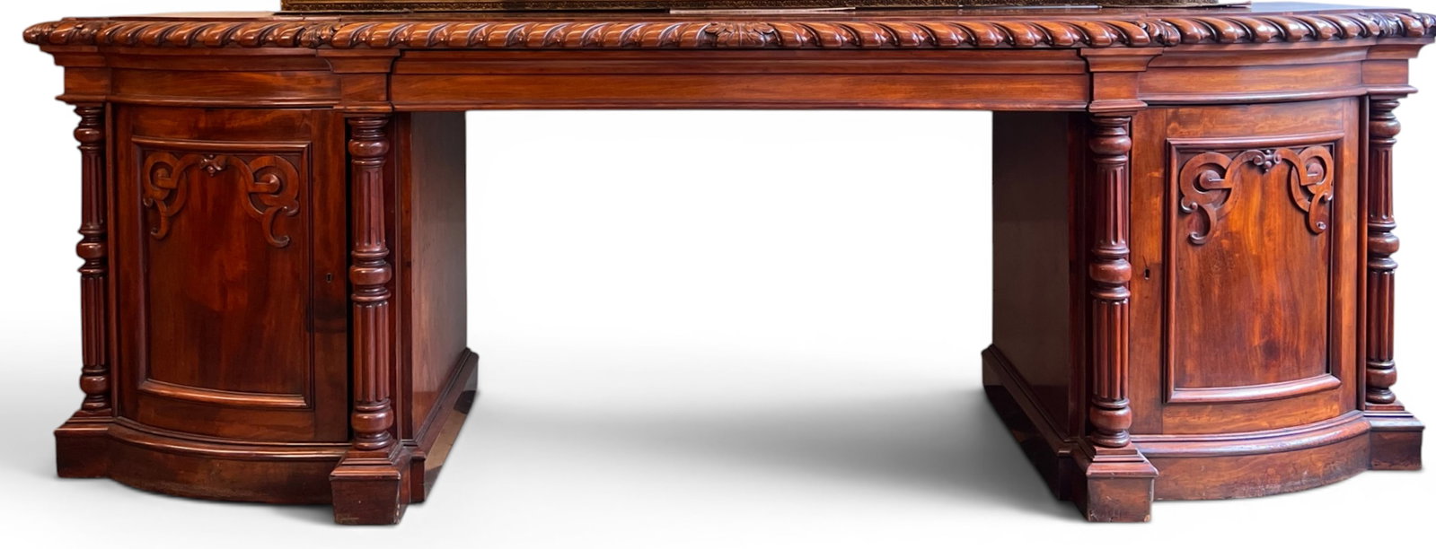(19th c) ENGLISH SHERATON DOUBLE PEDESTAL SIDEBOARD: Nice old surface with gadroon carving and acanthus leaf corners. 36" x 108" x 32"