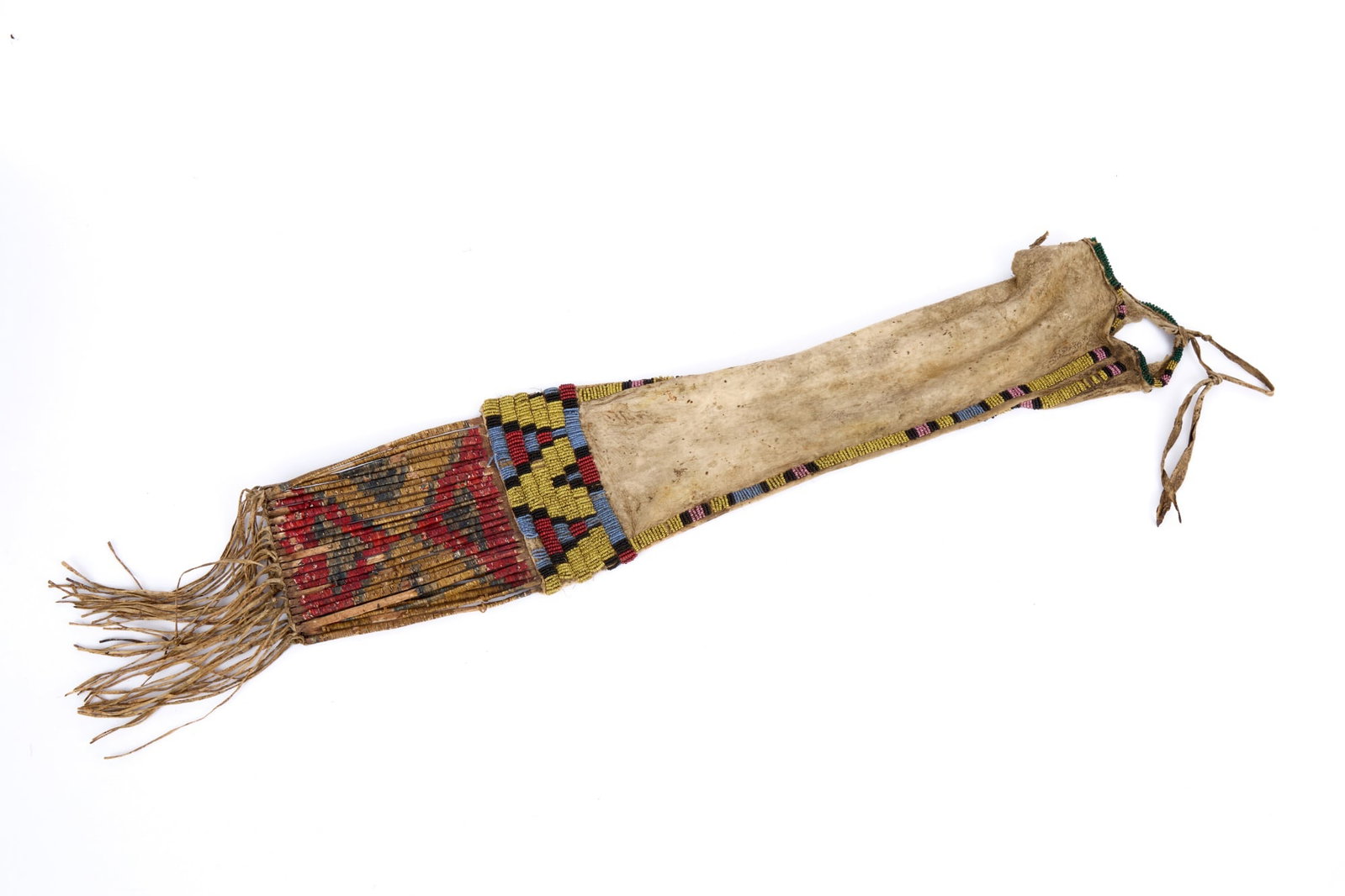 PLAINS INDIANS BEADWORK PIPE BAG: Plains Indians buckskin pipe bag with geometric polychrome beadwork & quill wrapped fringe. 27 x 5 1/4 inches.