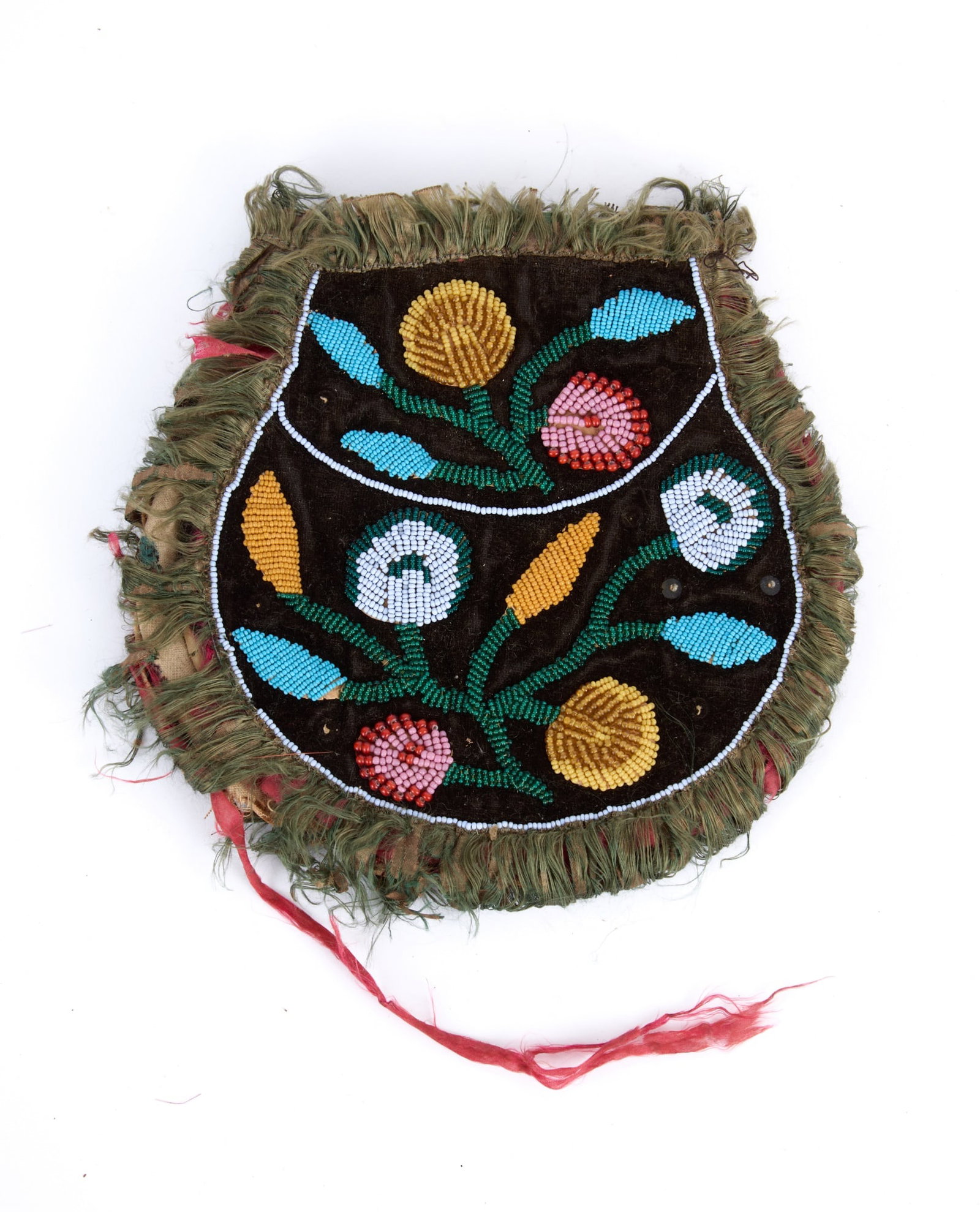 IROQUOIS FLORAL BEADWORK POUCH: Iroquois cloth pouch lined with chintz fabric, silk, and wool with floral polychrome beadwork on a velvet field. 6 1/2 x 6 1/2 inches.
