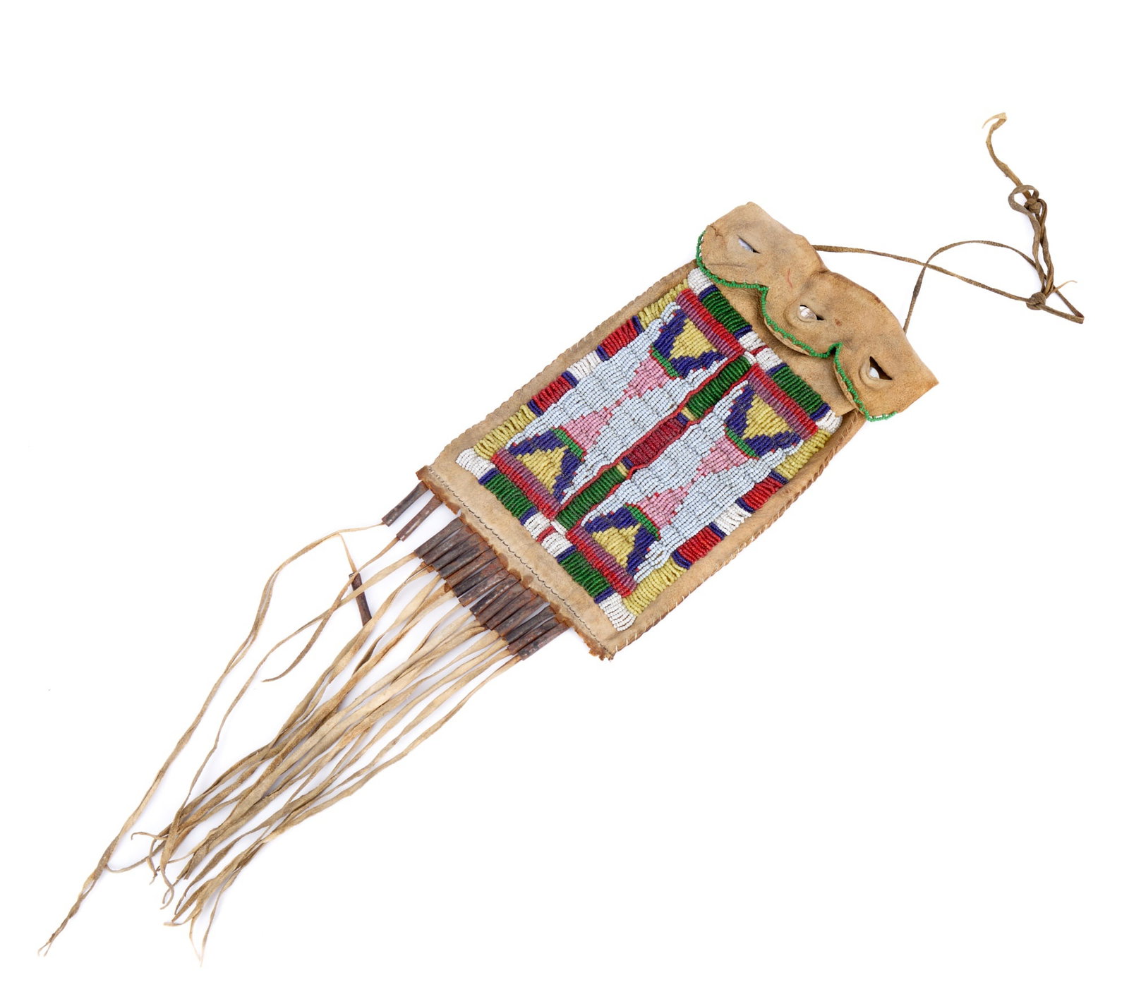 CROW TRIBE BEADWORK DOCUMENT BAG: "Crow document bag with classic inverted double diamond design. Abalone shell button closures. Bottom fringe with tin cones. Brain tanned deerskin. Montana. Reservation Period". 9 1/4 x 5 1/2 inches.