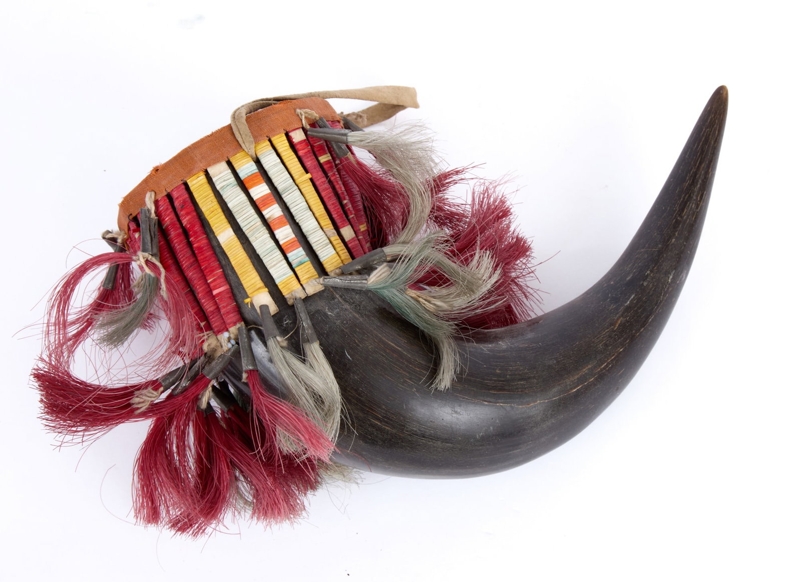 PLAINS INDIANS MEDICINE HORN: Bison horn medicine cup with polychrome quillwork fringe & tin cone tassels with dyed horse hair. 6 1/4 x 9 inches.