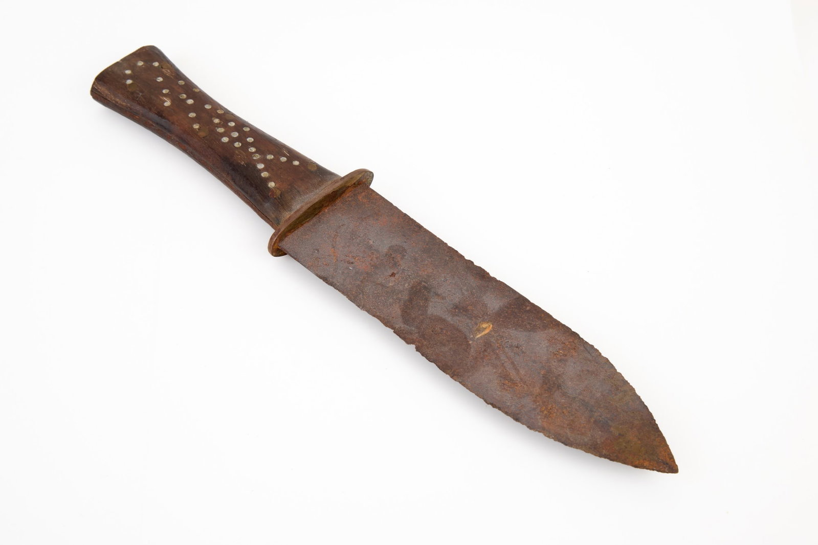NATIVE AMERICAN DAG KNIFE with INLAID HANDLE: Steel blade, wooden handle with geometric silver hobnail inlay. 12 1/4 inches.