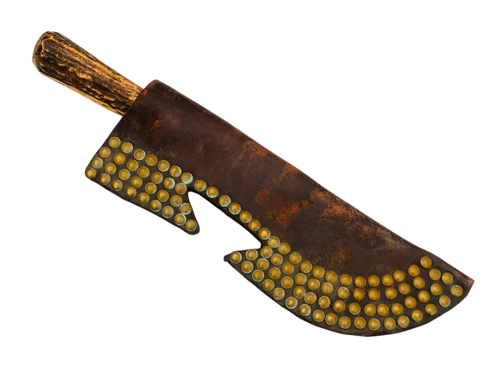 PLAINS INDIANS KNIFE w BRASS TACKED LEATHER SHEATH: Plains Indians antler handle buffalo trade knife with brass trade tack decorated leather sheath. 15 1/4 inches.