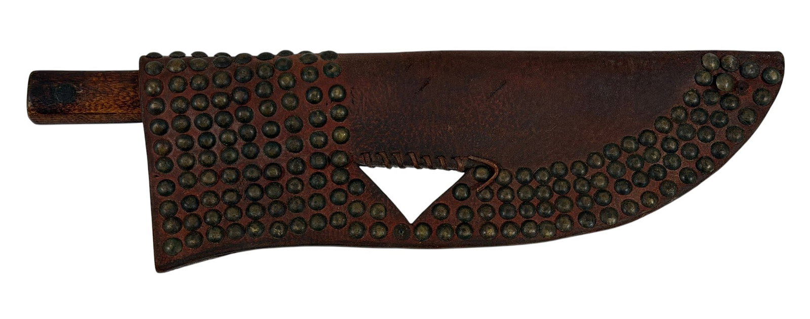 PLAINS INDIANS KNIFE w BRASS TACKED LEATHER SHEATH: Wooden handle with brass rivets/salvaged shell casings marked 4.5 & 7/10, brass trade tacked leather sheath. 12 1/2 inches.